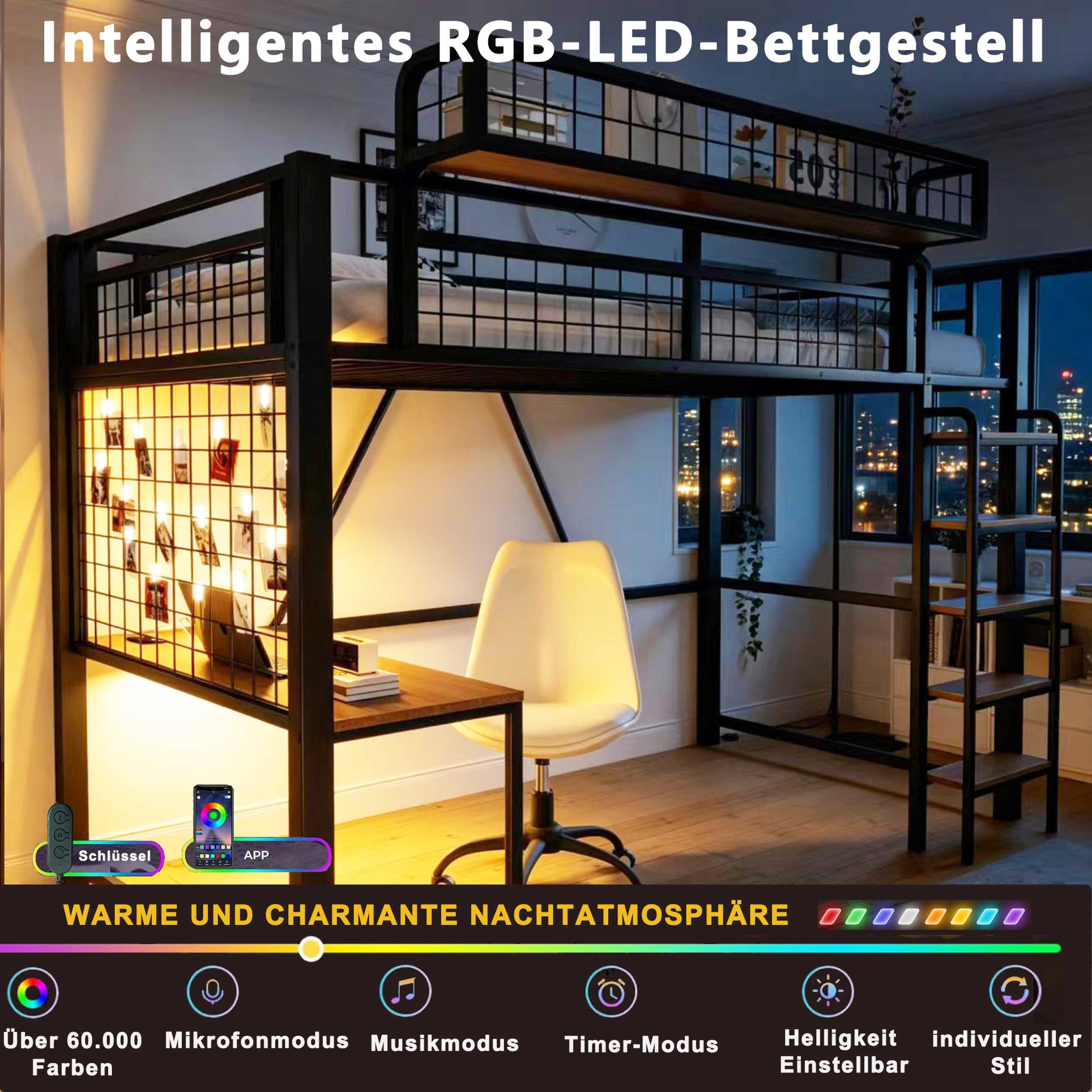 BlingBin Hochbett Jugendbett Metallbett mit Schutzgeländer und Schreibtisch,90 x 200 cm (2 Packung, 1-St., LED-Beleuchtung und Steckdose, Mit Leiter, Schwarz) Mit Kreativem Aufbewahrungsnetz, Abnehmbarem Ablagekorb