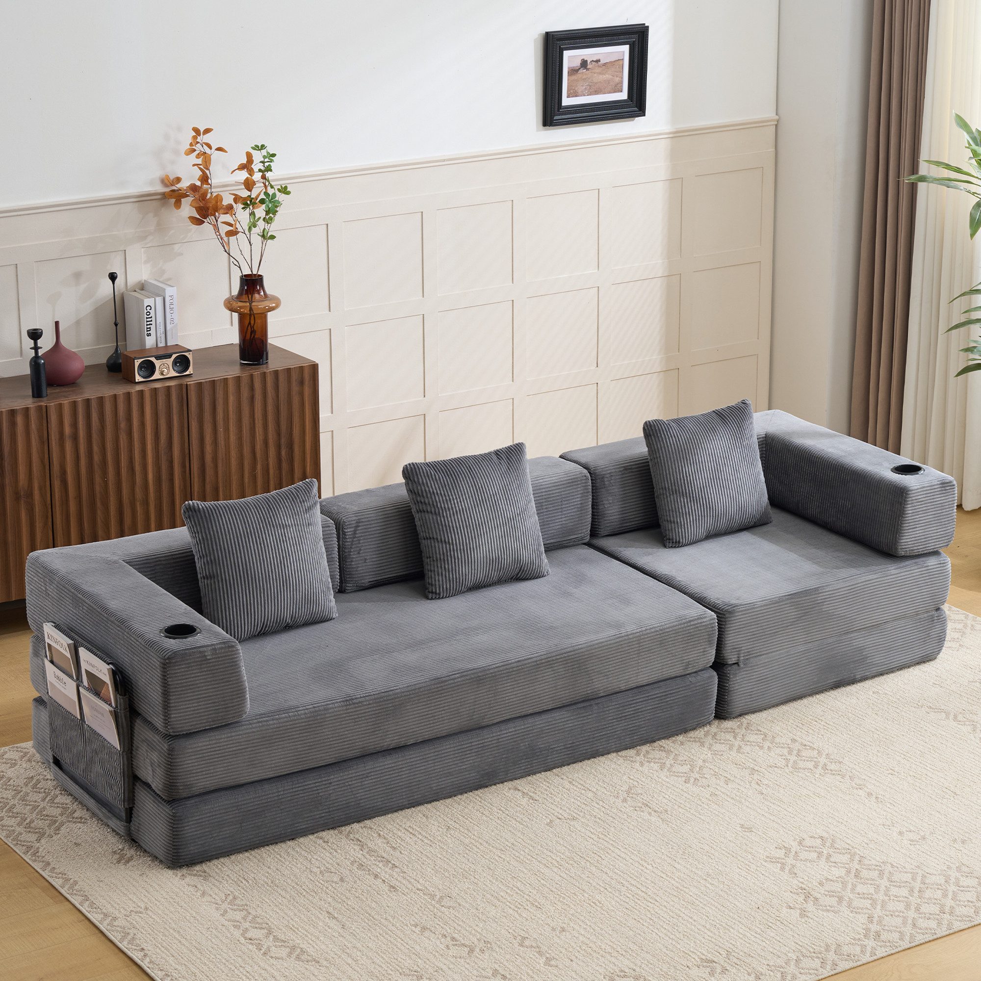 Vankel 3-Sitzer Sofas Wohnzimmer, 3-Sitzer Schlafsofa aus Cord mit Cupholder, Faltbares Sofa mit Seitentaschen, Liegefunktion und ohne …