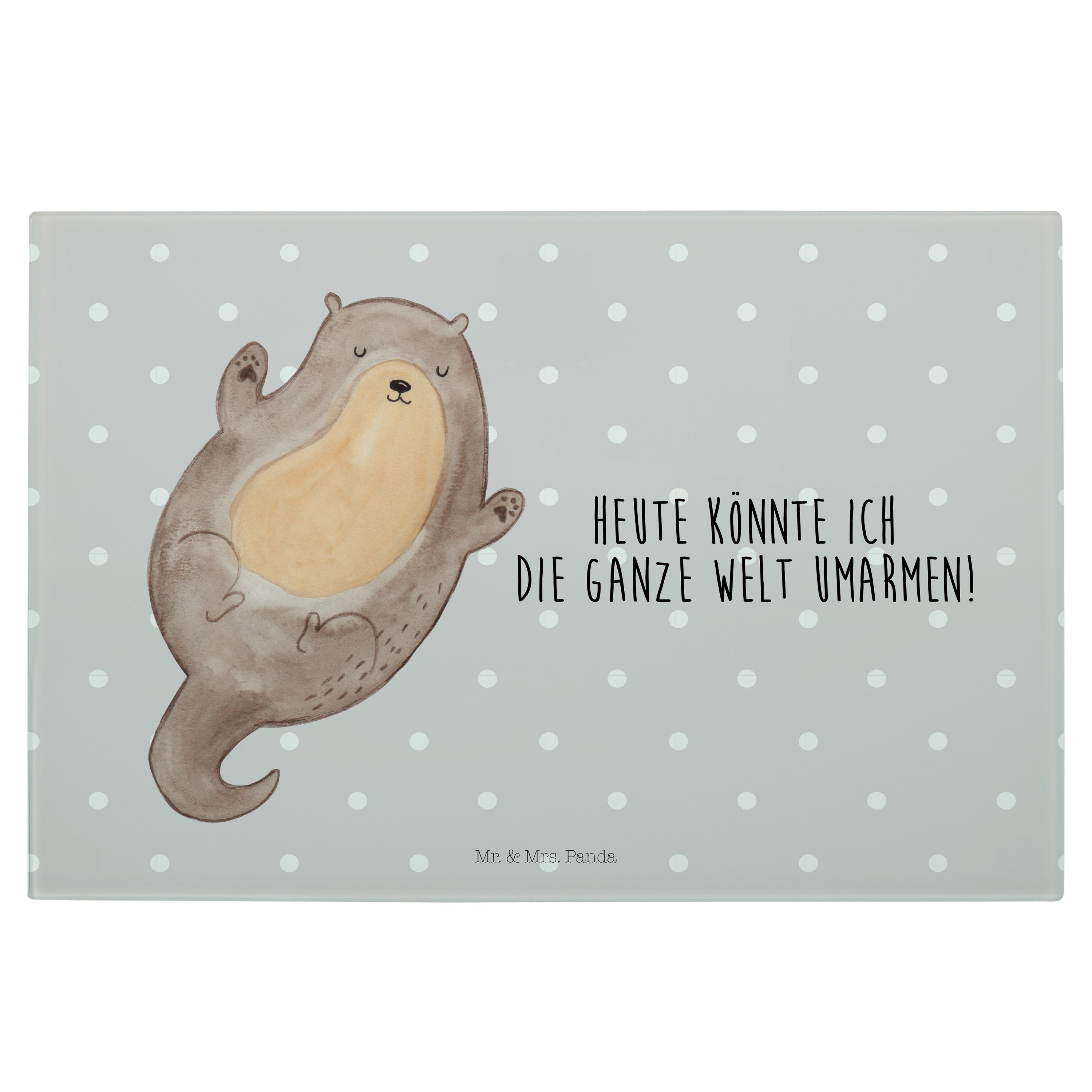 Mr. & Mrs. Panda Servierbrett Otter Umarmen - Grau Pastell - Geschenk, optimistisch, Seeotter, Ott, Premium Glas, (1-St)