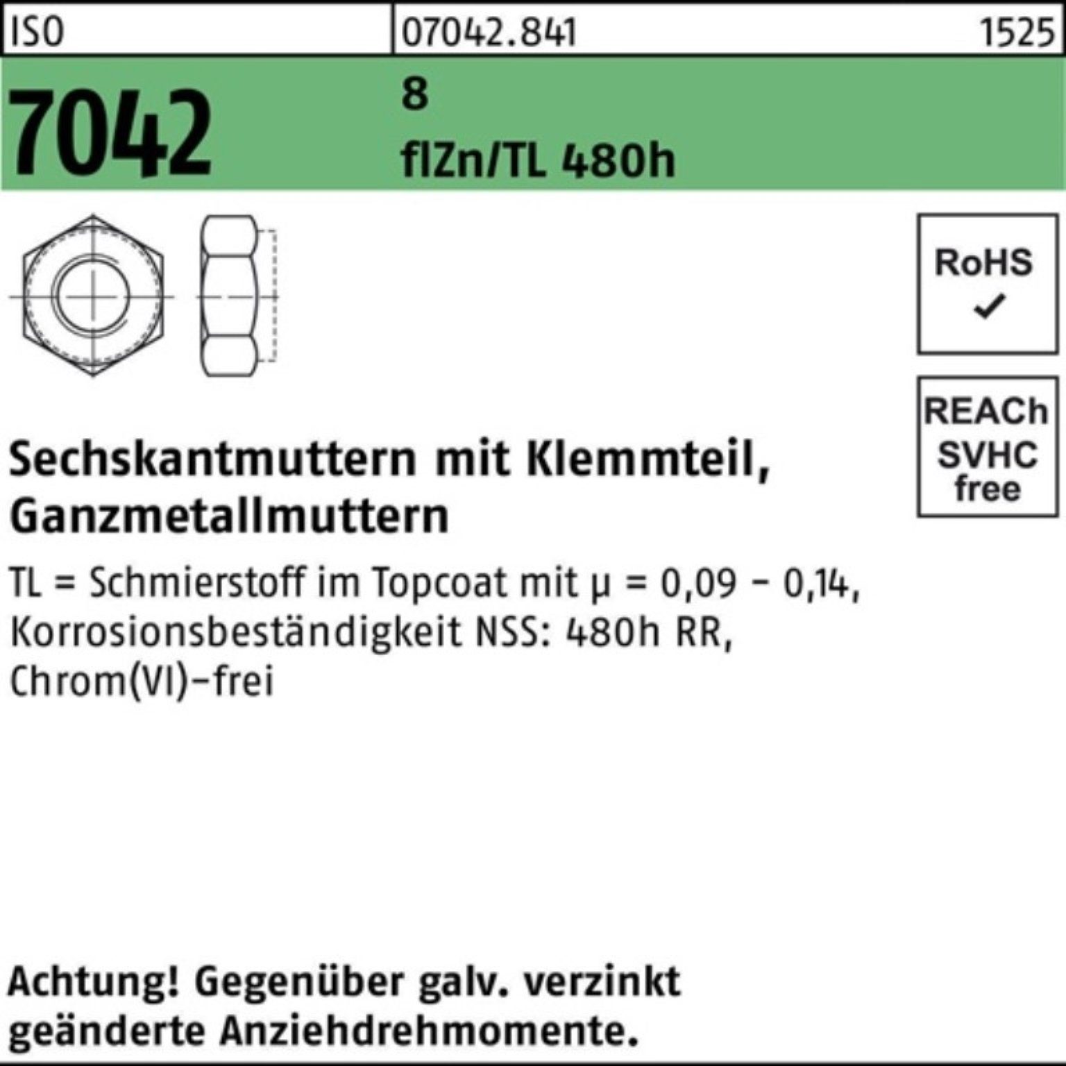 Reyher Muttern 100er Pack Sechskantmutter ISO 7042 Klemmteil M20 8 zinklamellenbes. f