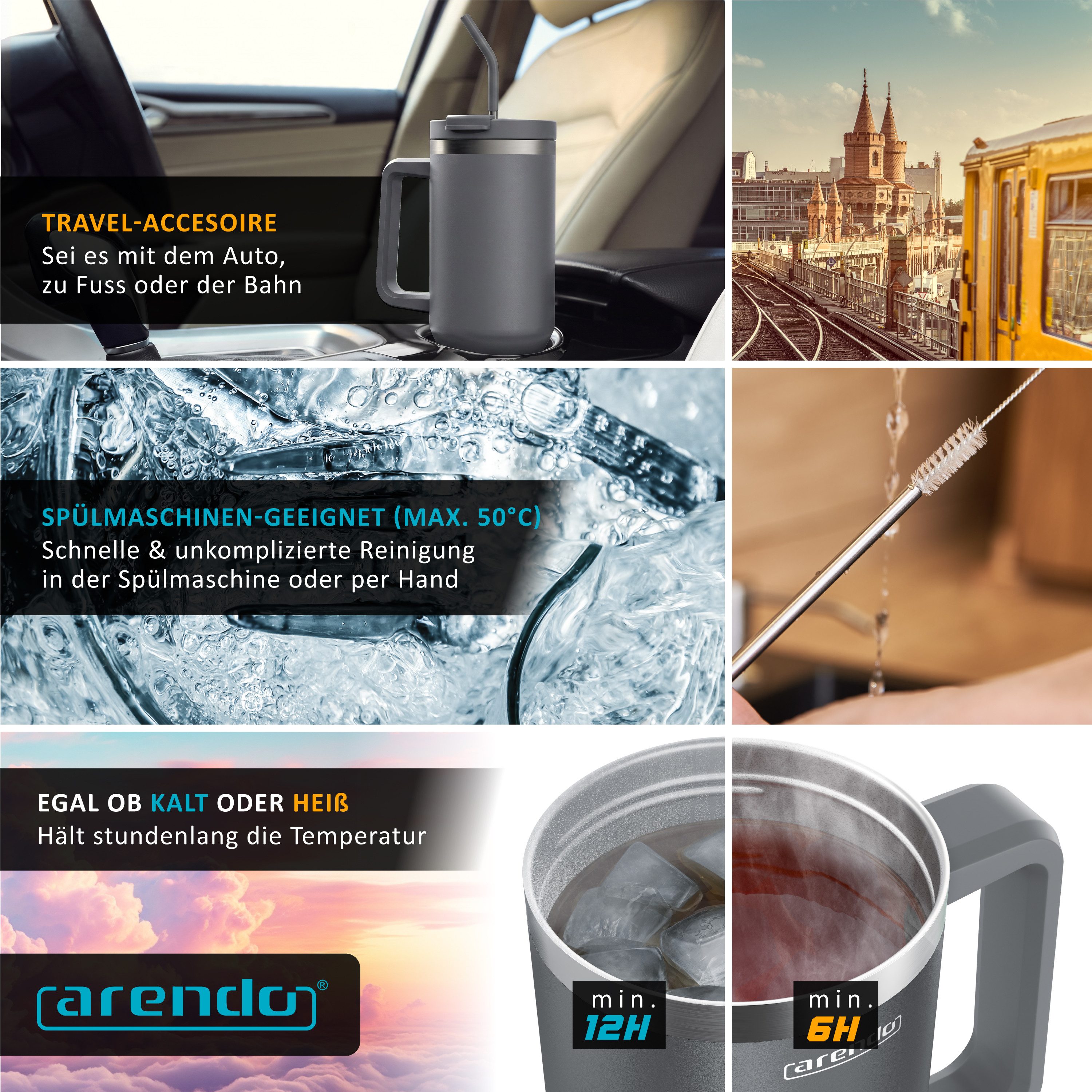 Arendo Thermobecher Tumbler 1200 ml, Becher mit Deckel, Henkel und Strohhalm, Thermal Mug, 1-tlg., Edelstahl, kohlensäuregeeignet, auslaufsicher, doppelwandig,  – Bild 4 von 5