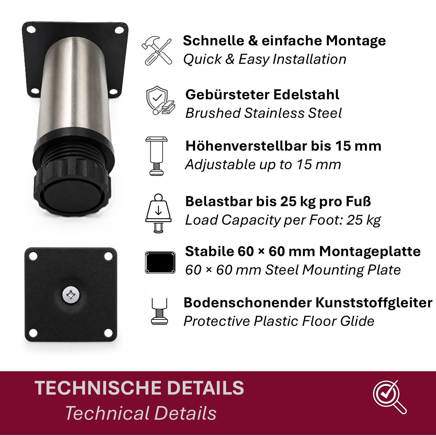 HOOZ Möbelfuß Edelstahl 80mm Standfuß rund höhenverstellbar 4er Set gebürstet, (Set, 4-St., 4er-Set Möbelbeine), Höhenverstellbar bis 15 mm mit integriertem Bod – Bild 3 von 5