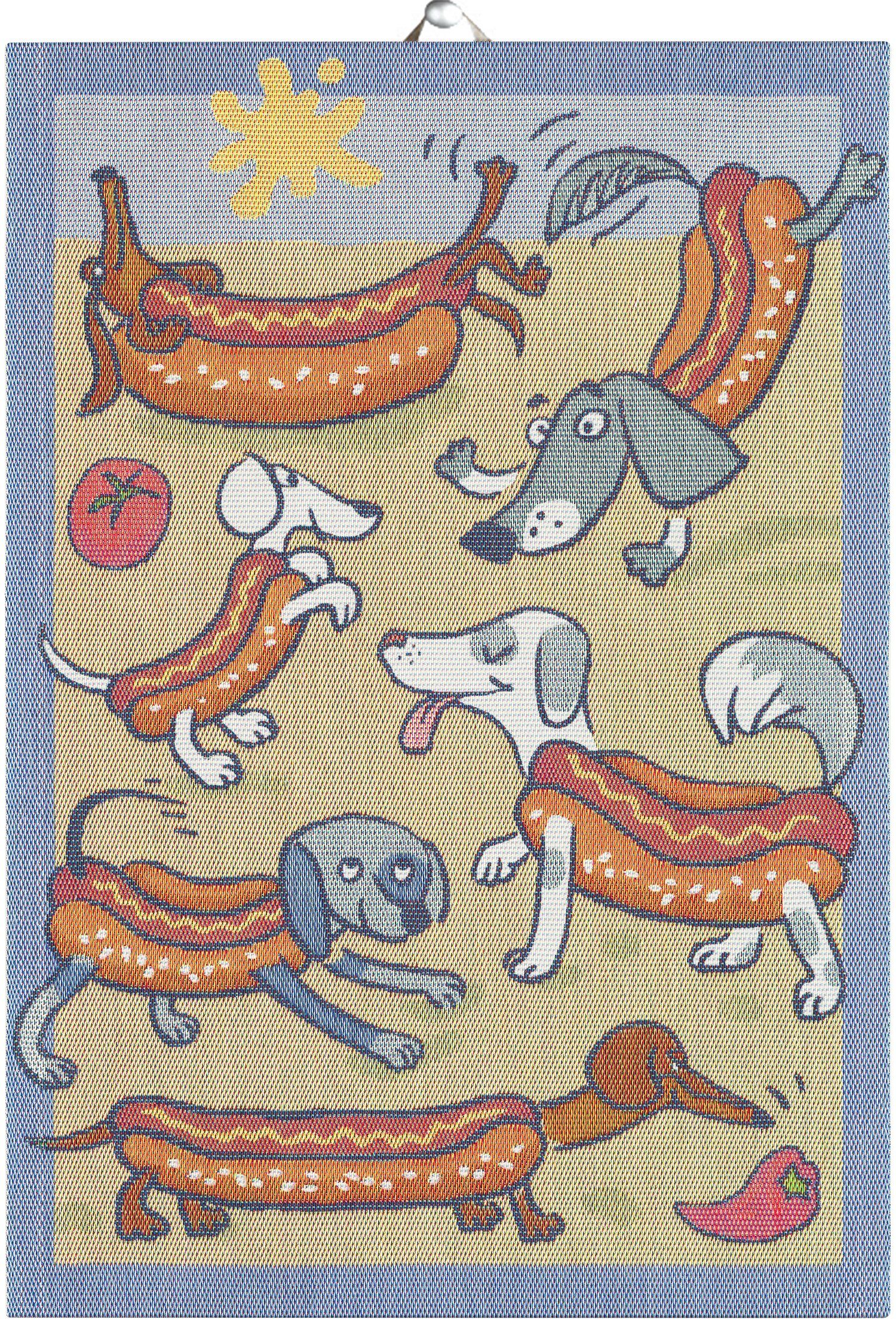 Ekelund Geschirrtuch Küchenhandtuch Hot Dog 35x50 cm, (1-tlg., 1 x Geschirrtuch), Pixel gewebt (3-farbig)