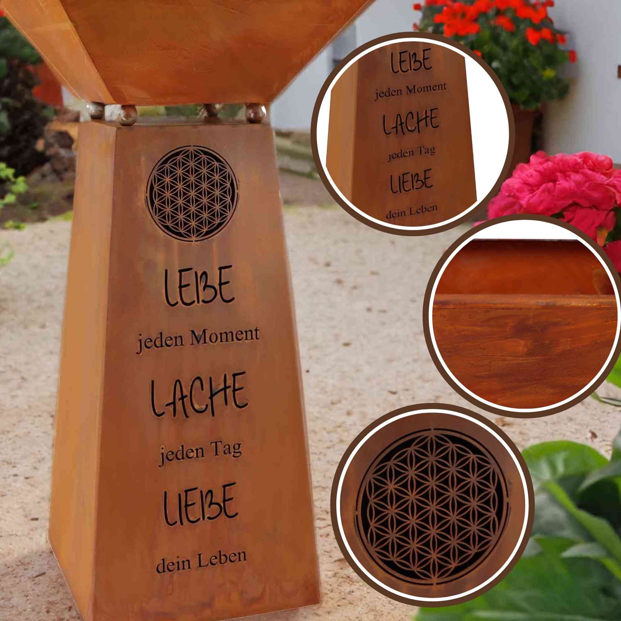 Rostikal Blumenständer Blume des Lebens Deko Säule Garten Pflanzschale (Set, Säule mit Pflanzschale), echter Rost