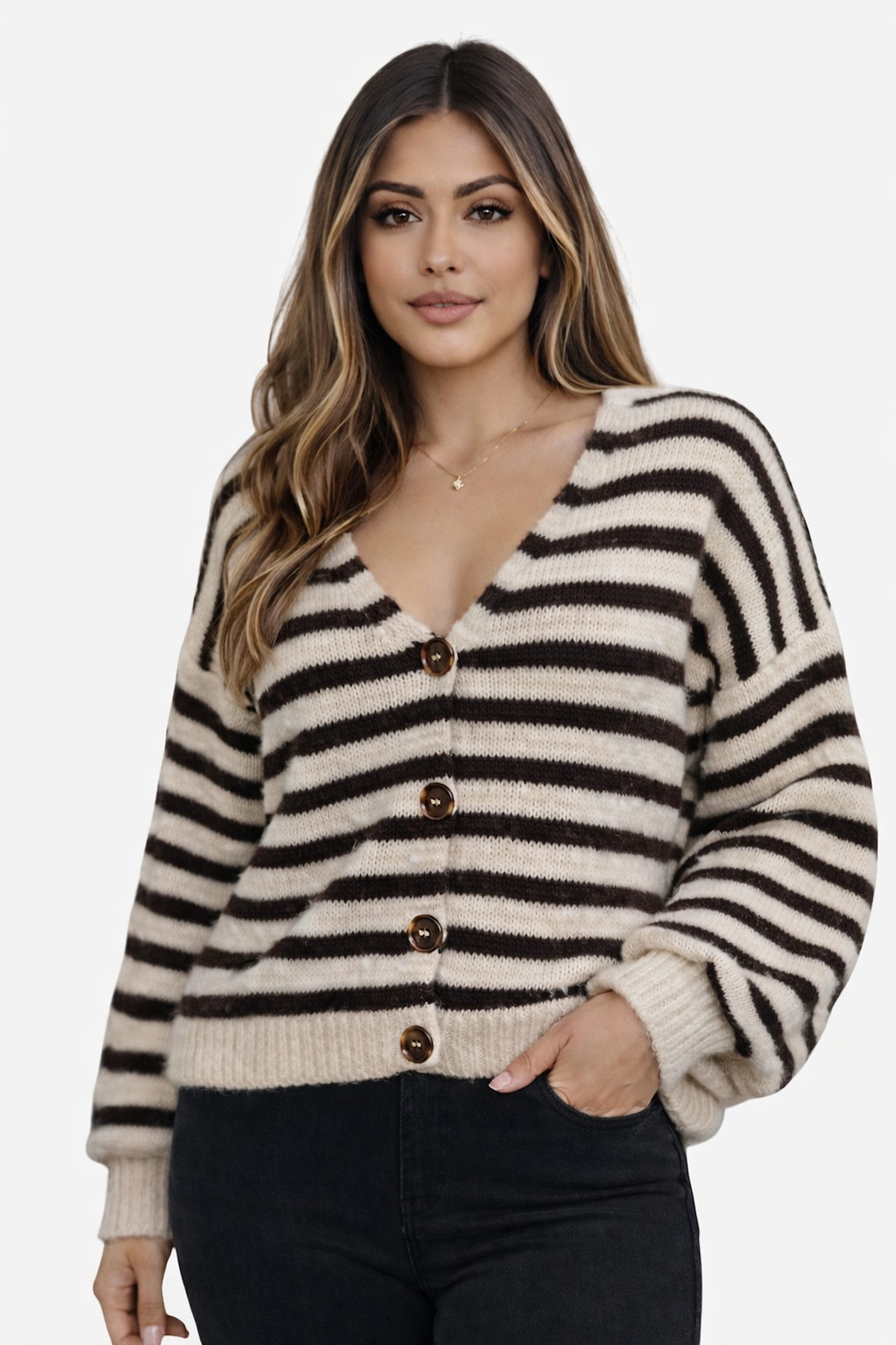 Cardigan WORLDCLASSCA Strick Cardigan Knopf Strickpullover Gestreift Streifen