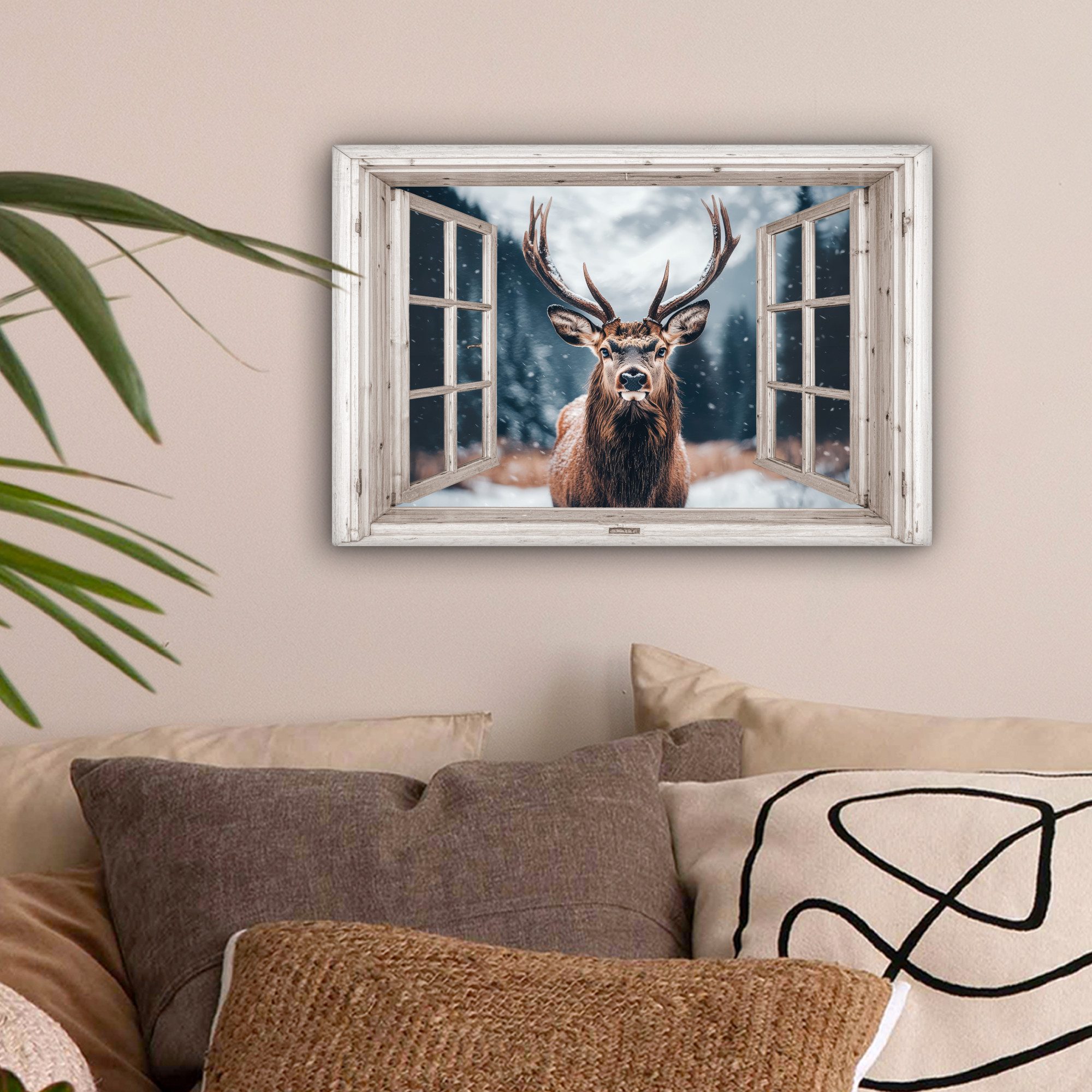 OneMillionCanvasses® Leinwandbild Hirsche - Tiere - Landschaft - Winter - S günstig online kaufen