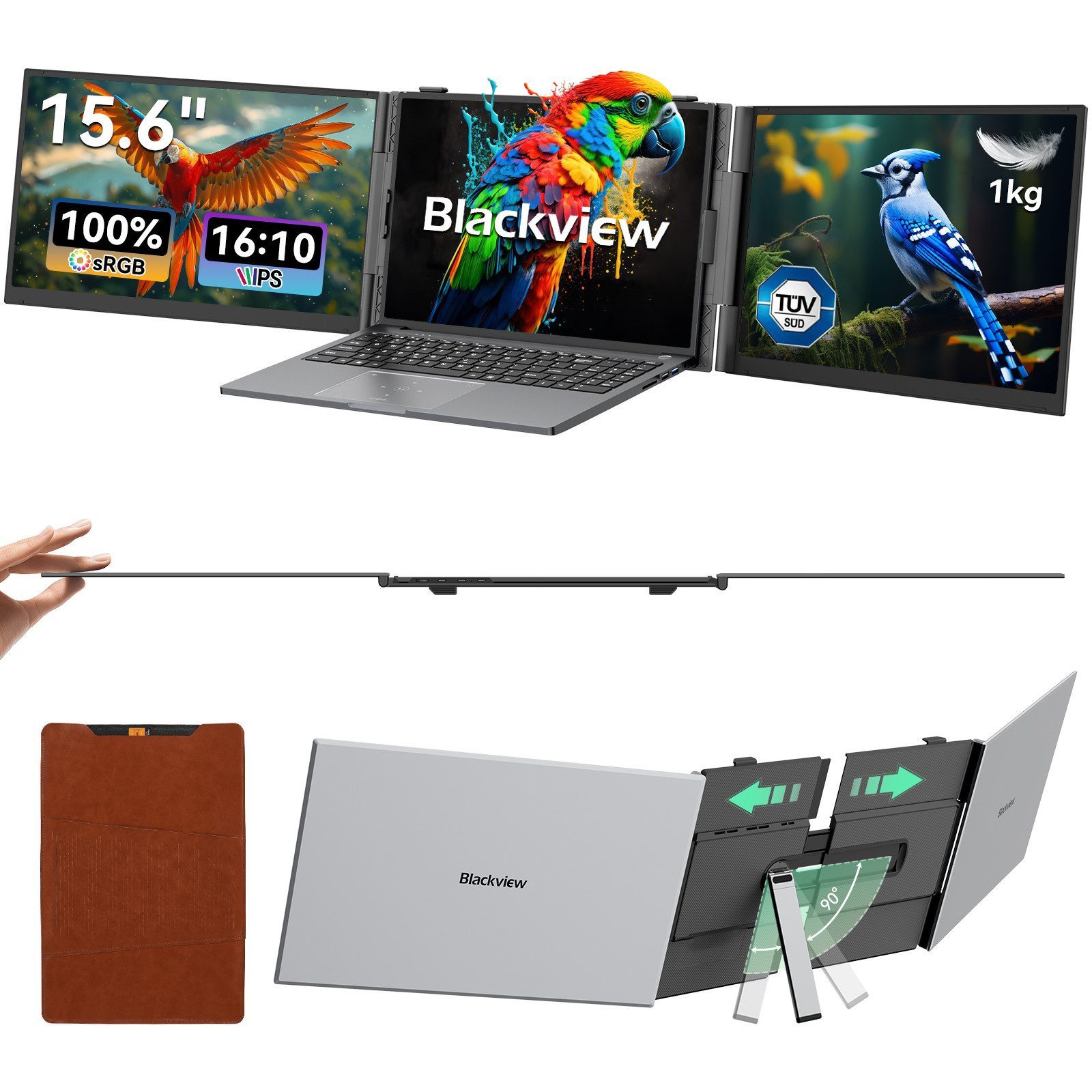 blackview 14"/15,6" FHD Gaming Monitor D6/D8, Dual-Screen IPS, Tragbarer Monitor Portabler Monitor (35 cm/15.6 ", 1920x1080 px, Full HD, 60 Hz, IPS, 180° Gaming Monitor, 13,3-17,3" - Windows/Mac/Android/Chrome)