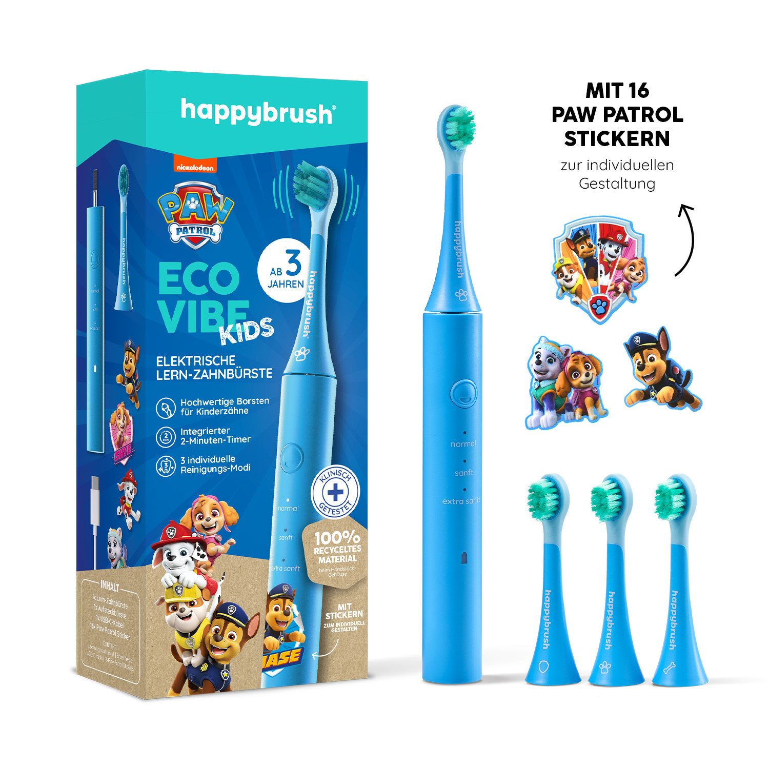 happybrush Elektrische Kinderzahnbürste PawPatrol, Aufsteckbürsten: 4 St., PawPatrol Kinderlernzahnbürste, 16x PawPatrol Sticker, 4 Wochen Akkulaufzeit, 3 Reinigungs-Modi