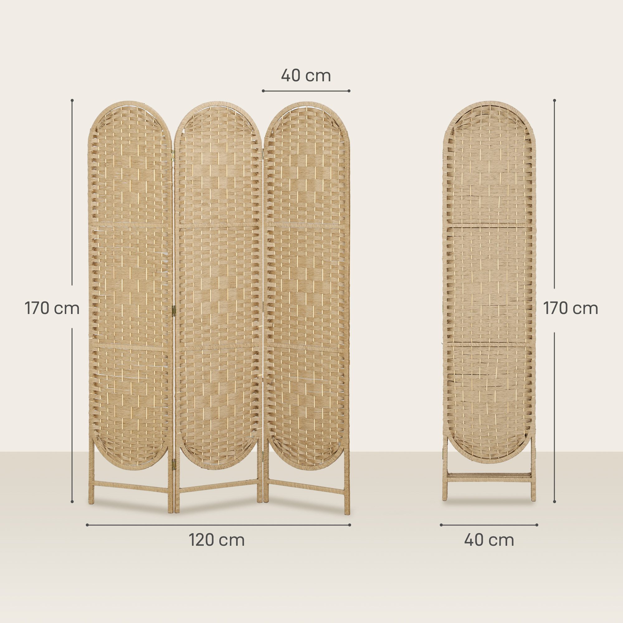 HOMCOM Paravent Freistehend für Wohnräume (Set, 3 St., 3-teilig), 3-teilig, faltbar, Boho, Bogendach – Bild 3 von 5