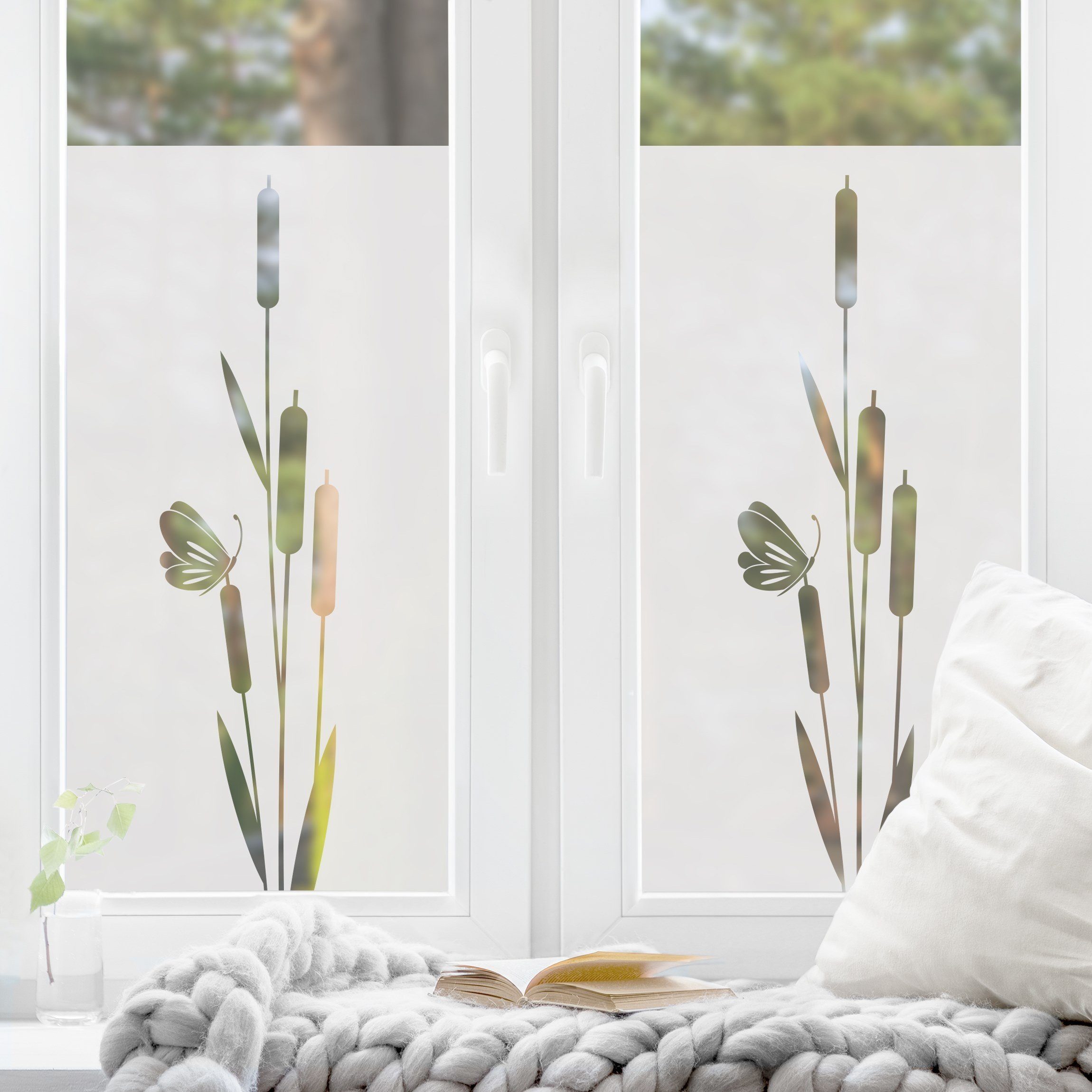 Bilderdepot24 Fensterfolie statisch haftend Motiv Fensterdeko Schilf II Blume, blickdicht, Innen Fenster Tür Balkontür Küche Badezimmer Wohnzimmer Schlafzimmer