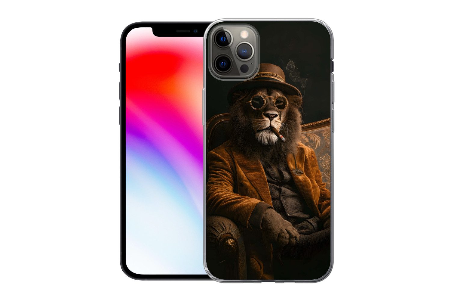 MuchoWow Handyhülle für Apple iPhone 12 Pro Max Brille - Löwe - Bank - Hut, Smartphone-Bumper, Print, Handy Schutzhülle Dünn