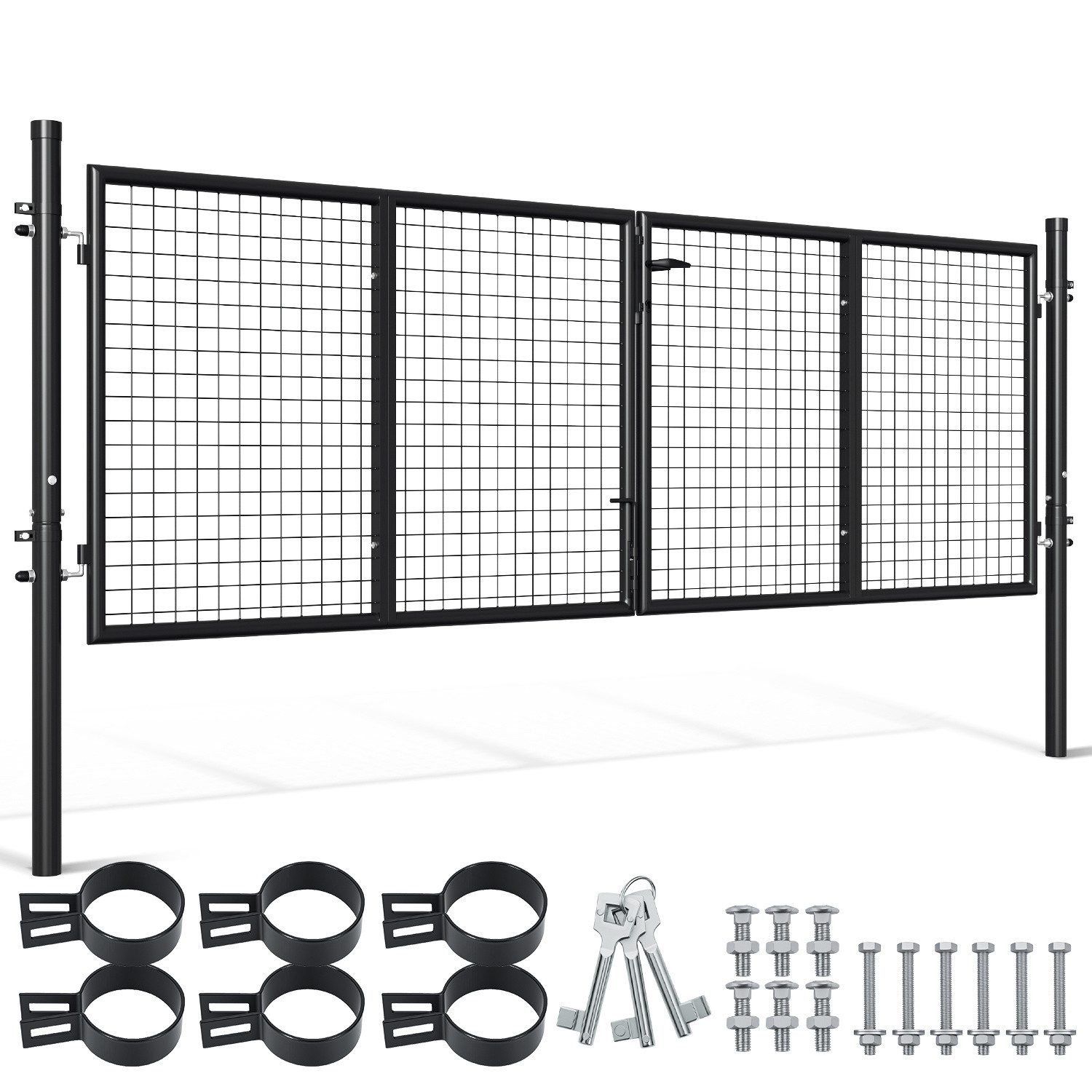 Clanmacy Gartentor 300x100cm Doppelflügelig Gartentor Gartentür Metall Zauntür Zauntor, mit Schloss, Türklinke und Schlüssel