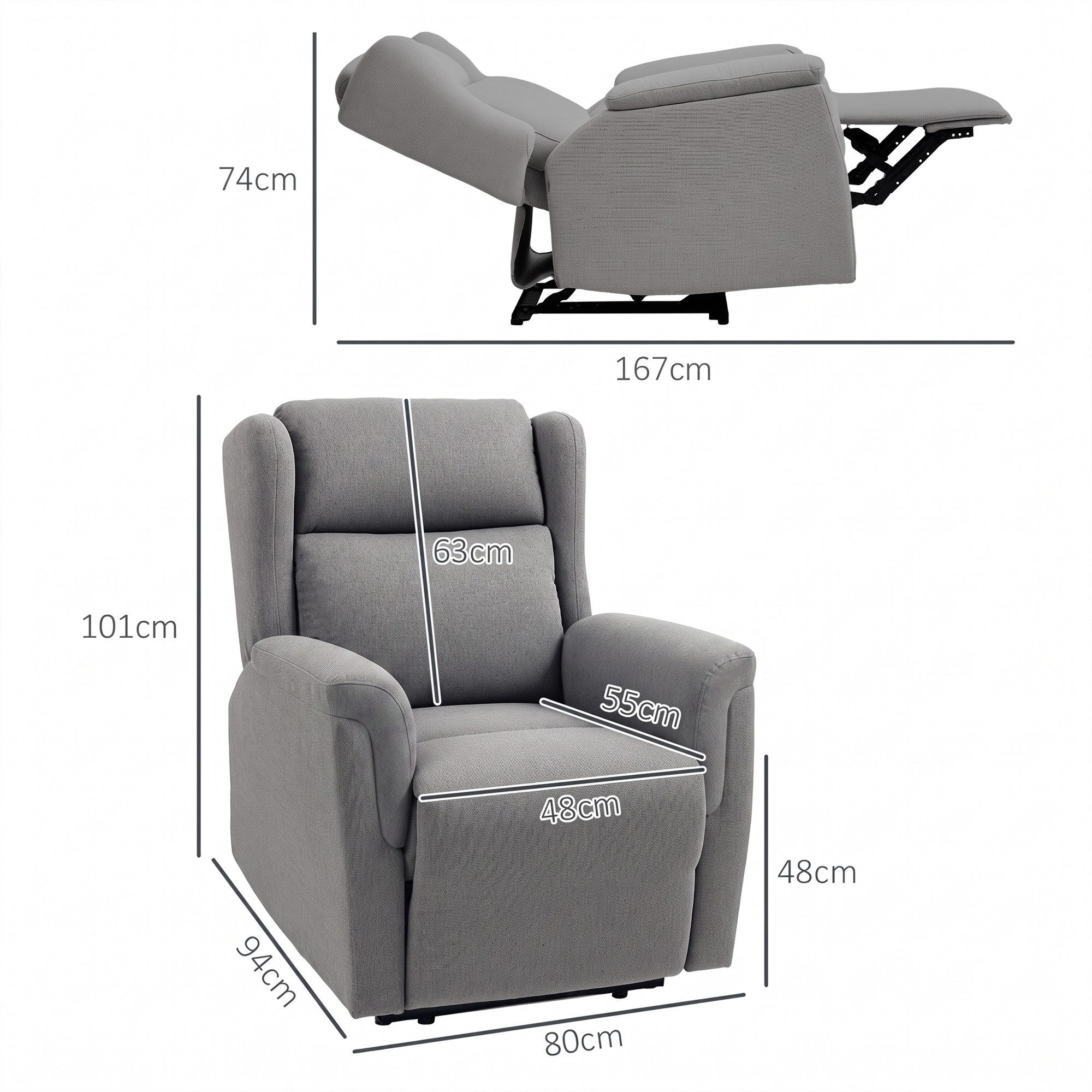 HOMCOM Relaxsessel Fernsehsessel Liegesessel mit Liegefunktion und Fußstütze (TV-Sessel mit Taschenfederkern, 1-St., Ruhesessel), für Wohnzimmer, Schlafzimmer, Dunkelgrau