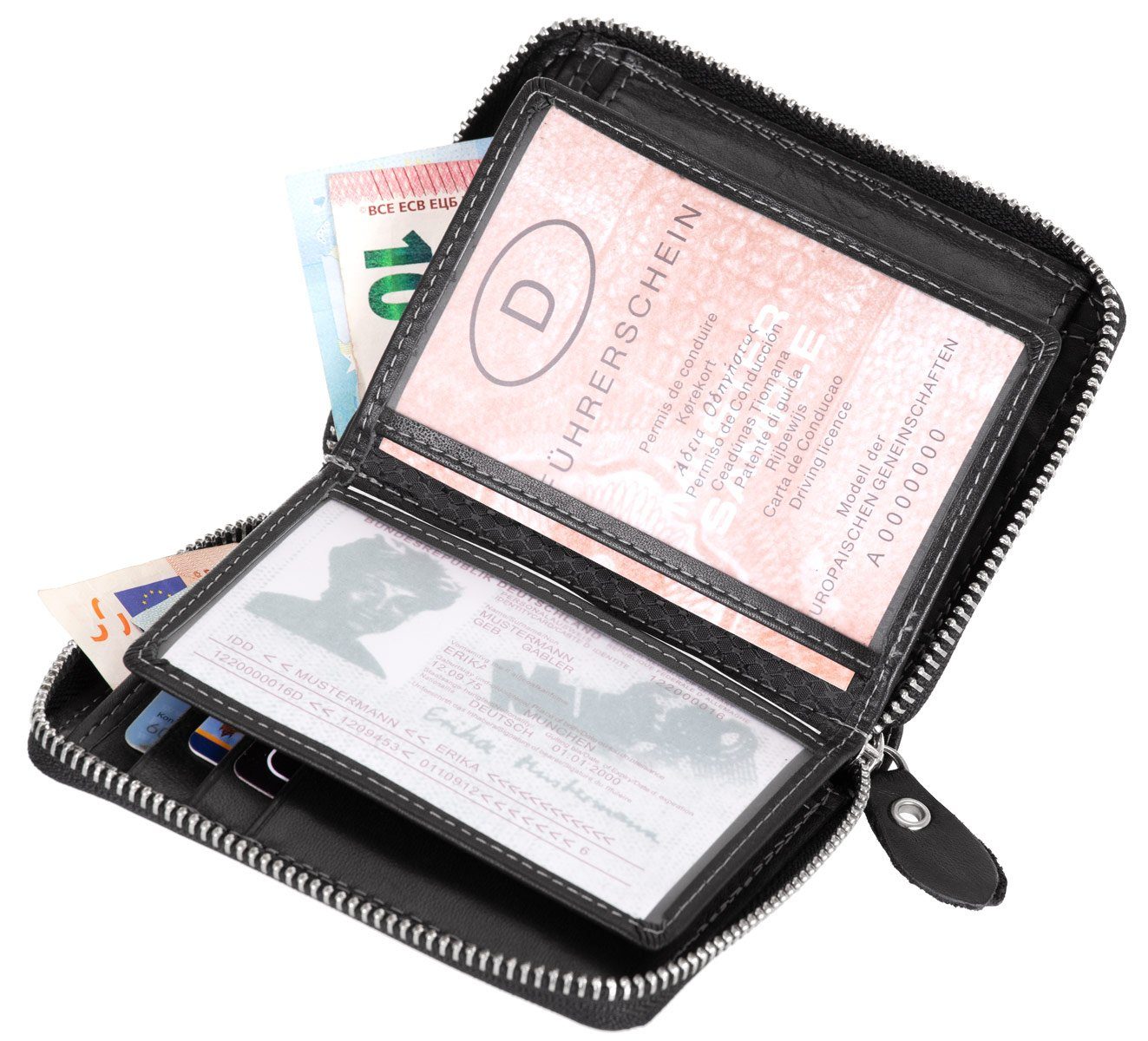 compagno Geldbörse, Echt-Leder Geldbeutel mit umlaufendem Reißverschluss Herren Portemonnaie Damen Geld-Börse