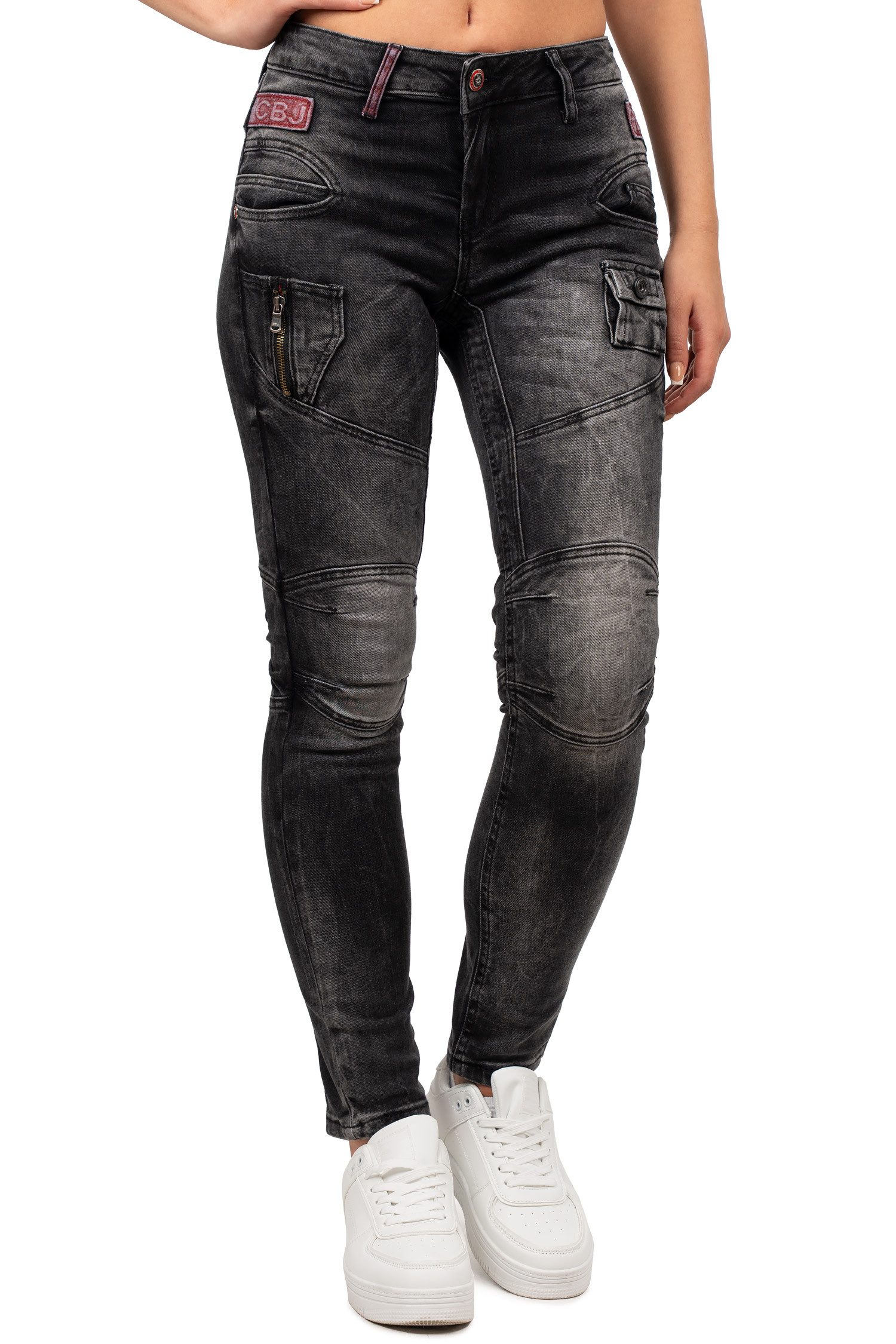 Cipo & Baxx Slim-fit-Jeans Damen Slim Fit Hose Stonewashed BA-WD358 mit modischen Ziernähten & Zier-Reißverschlüssen – Bild 4 von 5