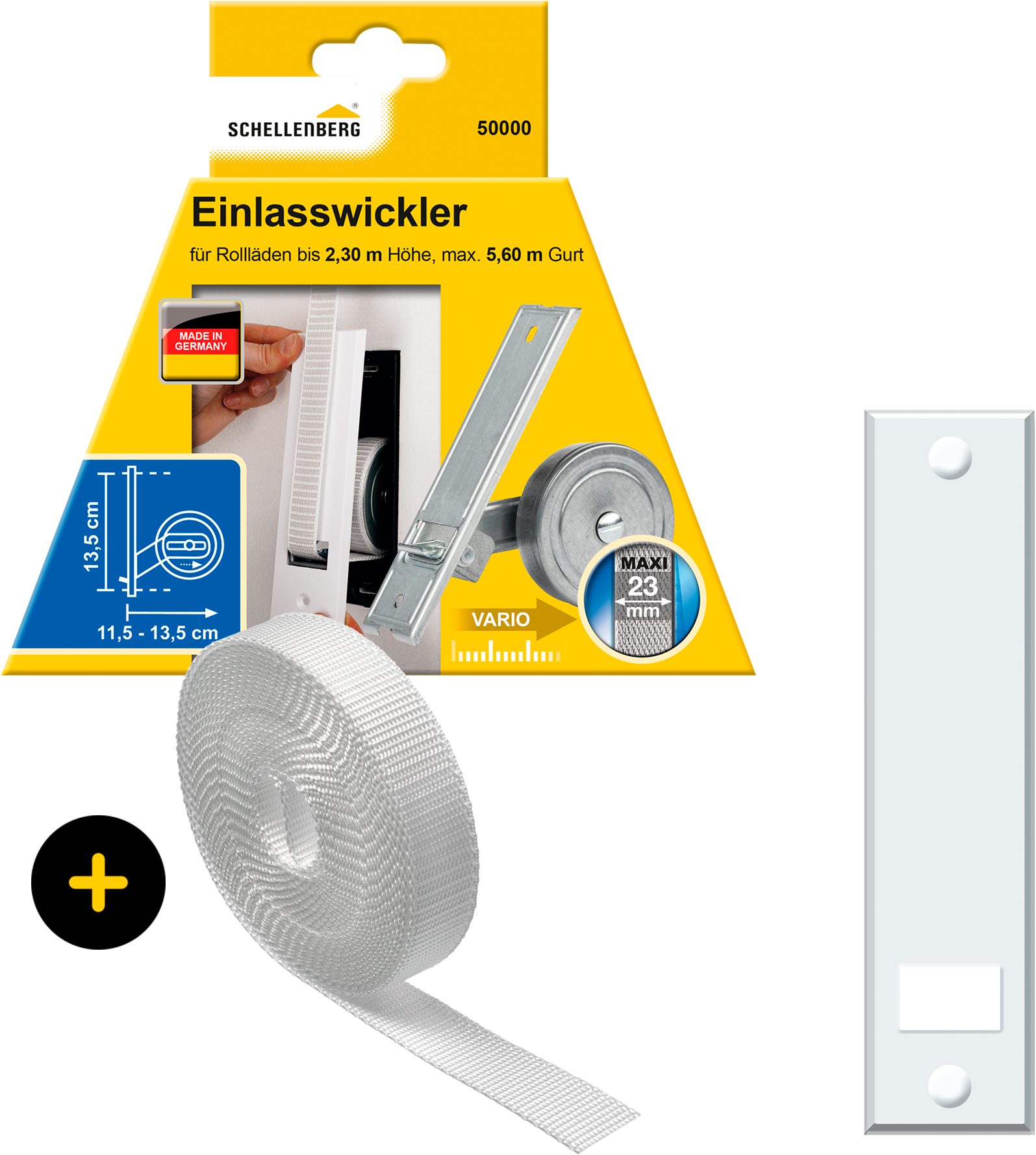SCHELLENBERG Einlass-Gurtwickler Unterputz, inkl. Abdeckplatte weiß und Rollladengurt in grau oder weiß, Set, 1-tlg., 13,5 cm Lochabstand für das Rollladensystem Maxi