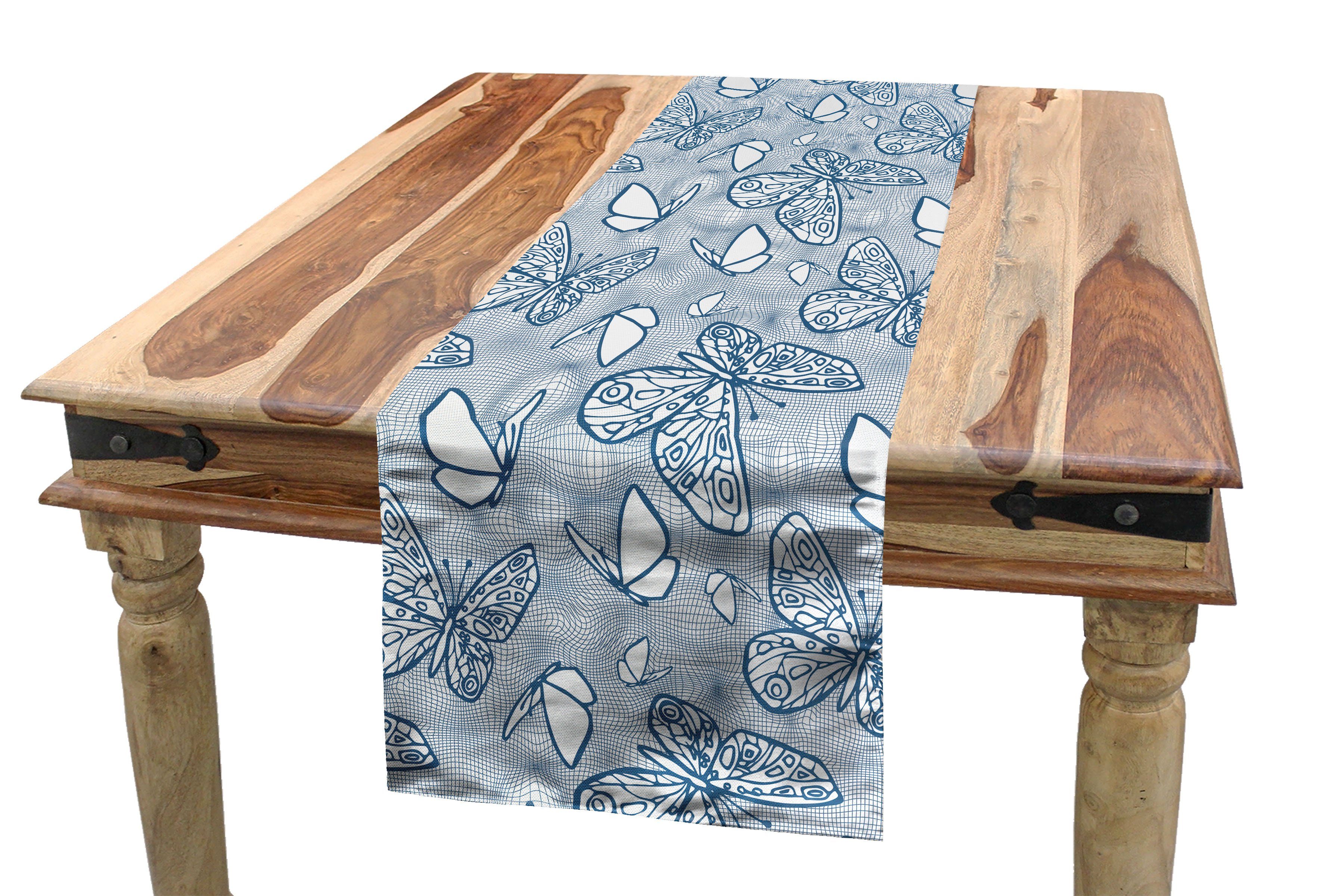Abakuhaus Tischläufer Esszimmer Küche Rechteckiger Dekorativer Tischläufer, Blau und weiß Doodle Schmetterlinge