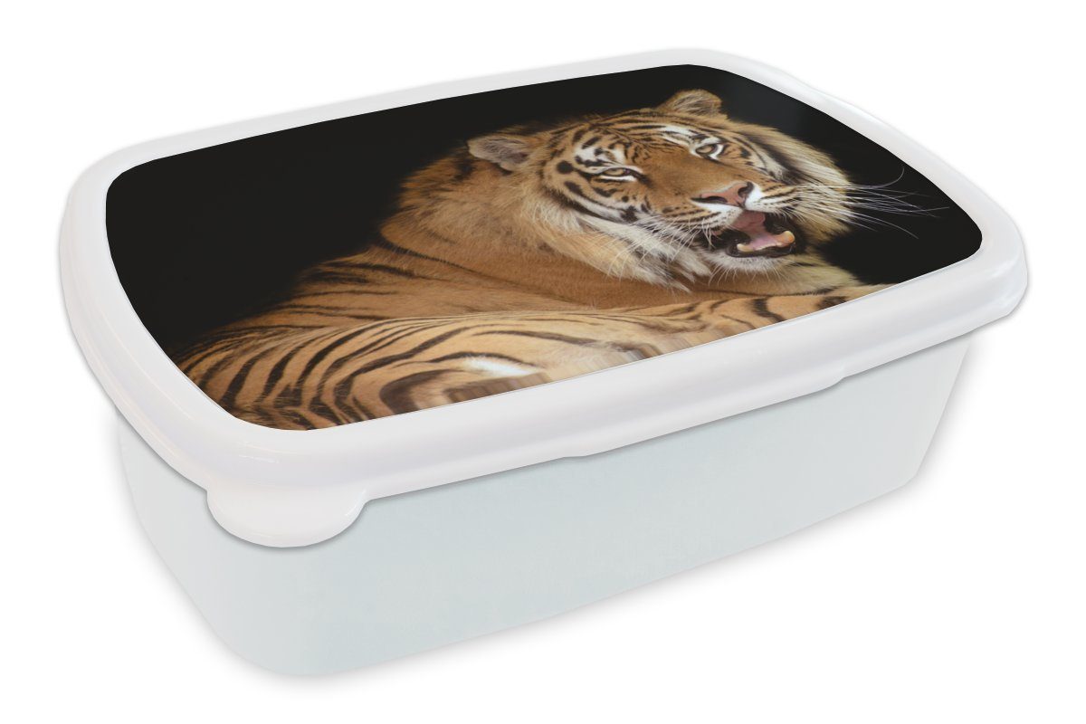MuchoWow Lunchbox Tiger - Gähnen - Schwarz, Kunststoff, (2-tlg), Brotbox für Kinder und Erwachsene, Brotdose, für Jungs und Mädchen weiß