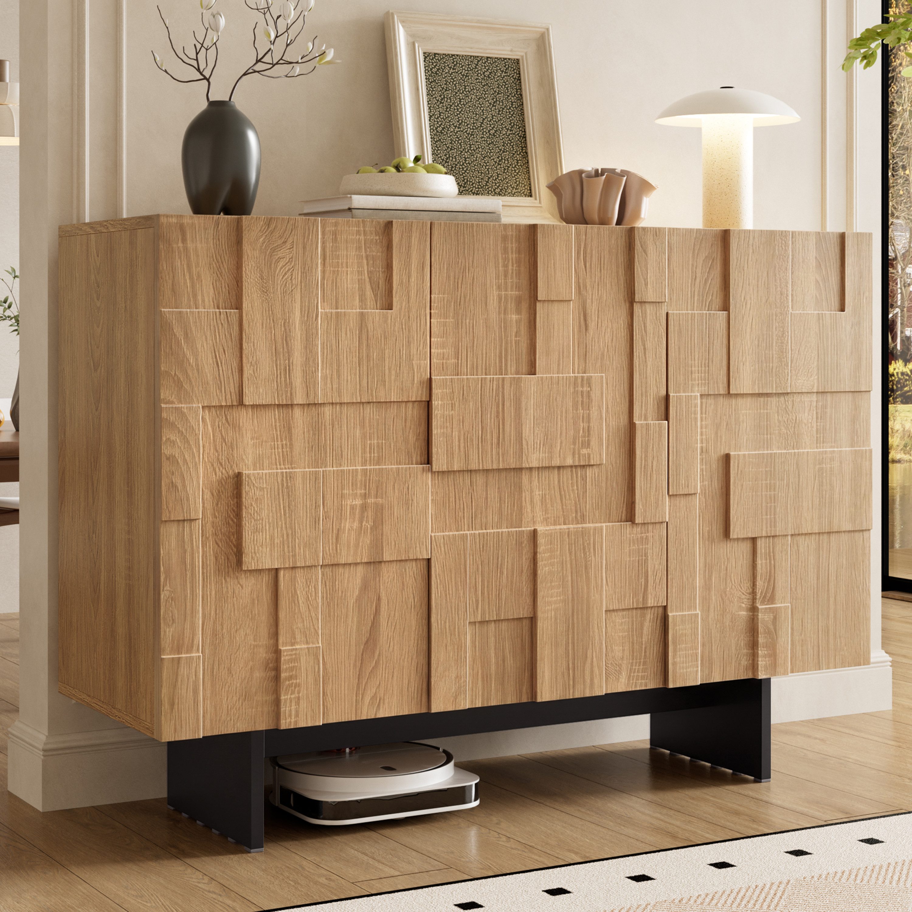 Flieks Sideboard mit geometrischer Strukturfront und verstellbaren Einlegeböden (1 St., 105x33,5x76 cm), französisches Mehrzweckschrank Wohnzimmerschrank Holzoptik Natur