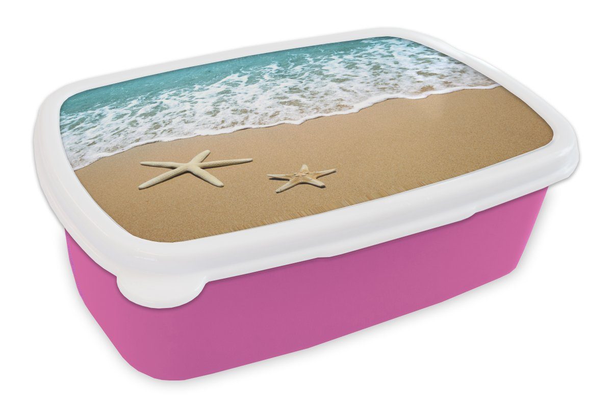 MuchoWow Lunchbox (2-tlg), Brotdose Kunststoff Erwachsene, Snackbox, Brotbox Meer, Seestern - Strand - rosa Kinder, Mädchen, Kunststoff, für