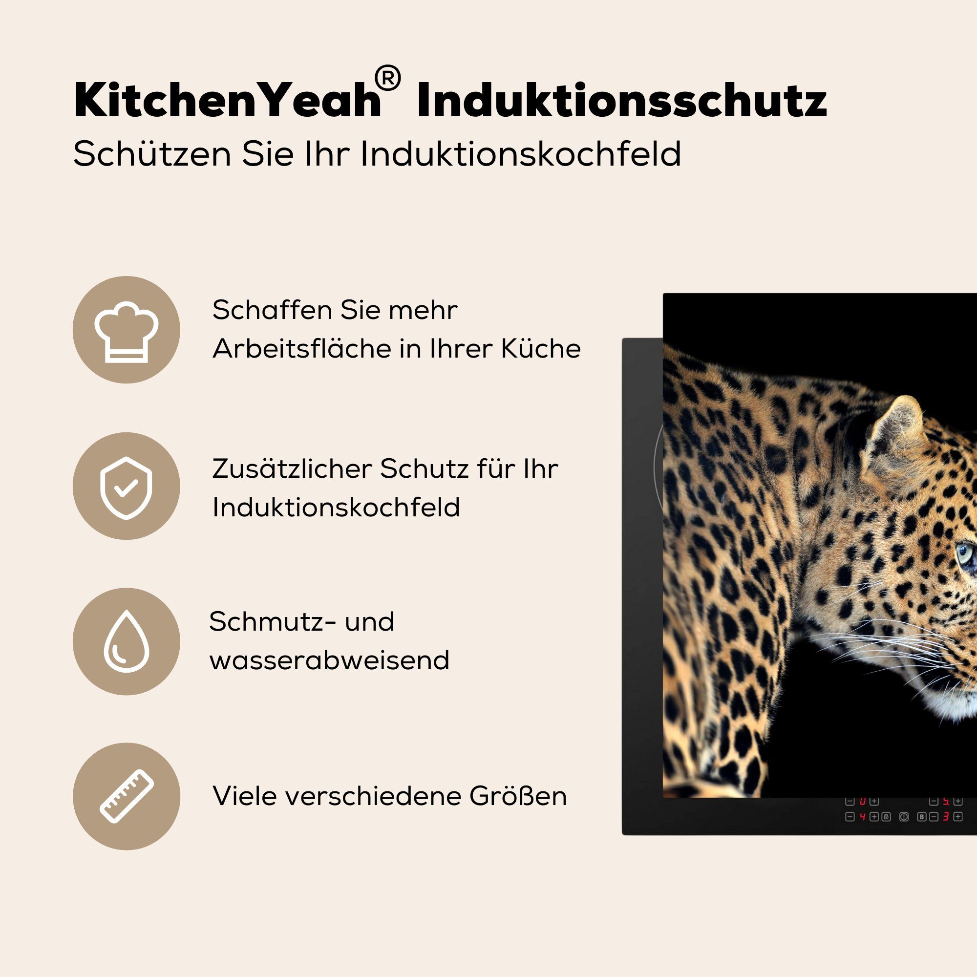 MuchoWow Herdblende-/Abdeckplatte Leopard - cm, 78x78 Ceranfeldabdeckung, tlg), Arbeitsplatte Vinyl, - Tiere küche (1 für Schwarz