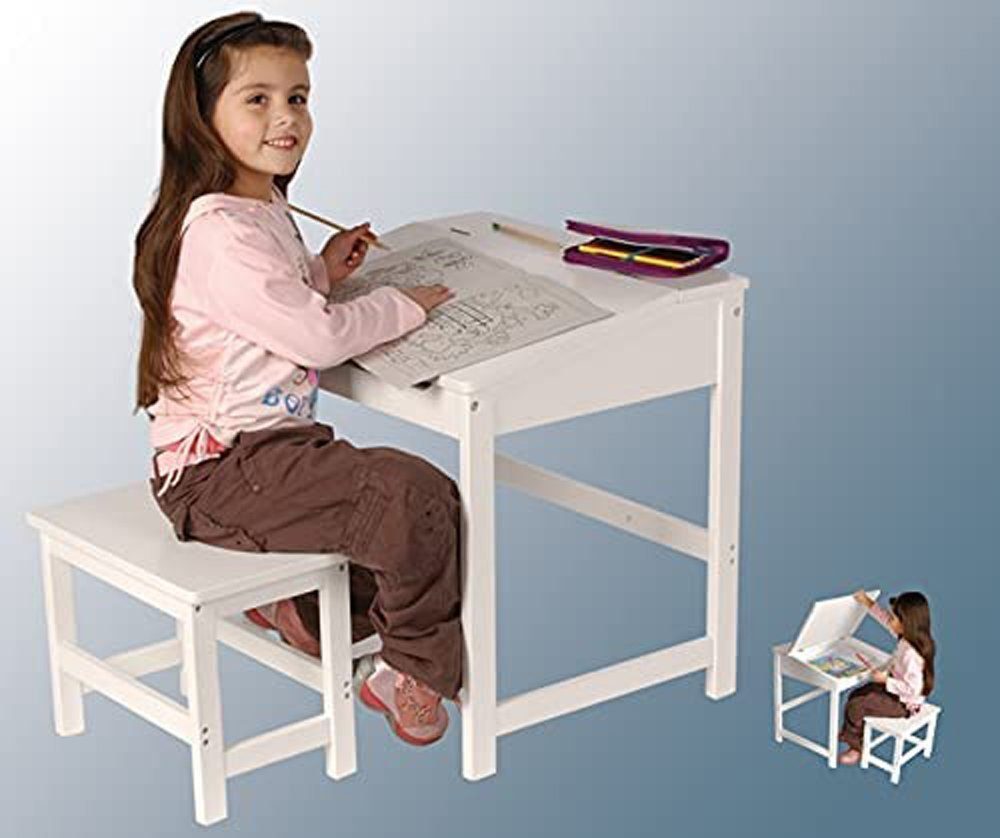 Hocker Stauraum der Hocker Tischplatte Schreibtisch + 57x55x45cm, mit habeig Kinderpult Weiss Kinderschreibtisch unter