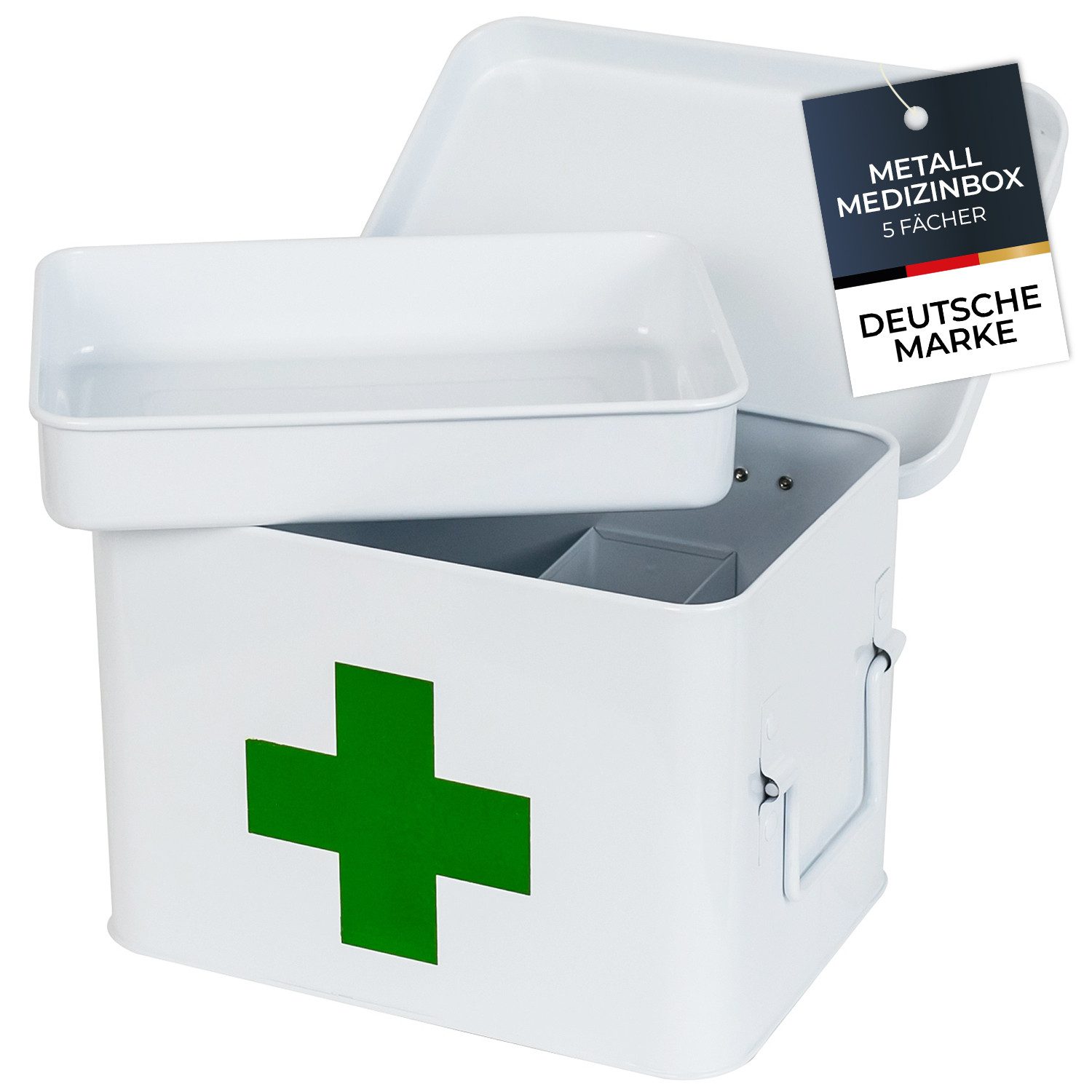 HMF Erste-Hilfe-Koffer Medizinkoffer, Hausapotheke, Medikamentenkoffer aus Metall, mit Tragegriffen, 22,5 x 16,5 x 15,5 cm, weiß