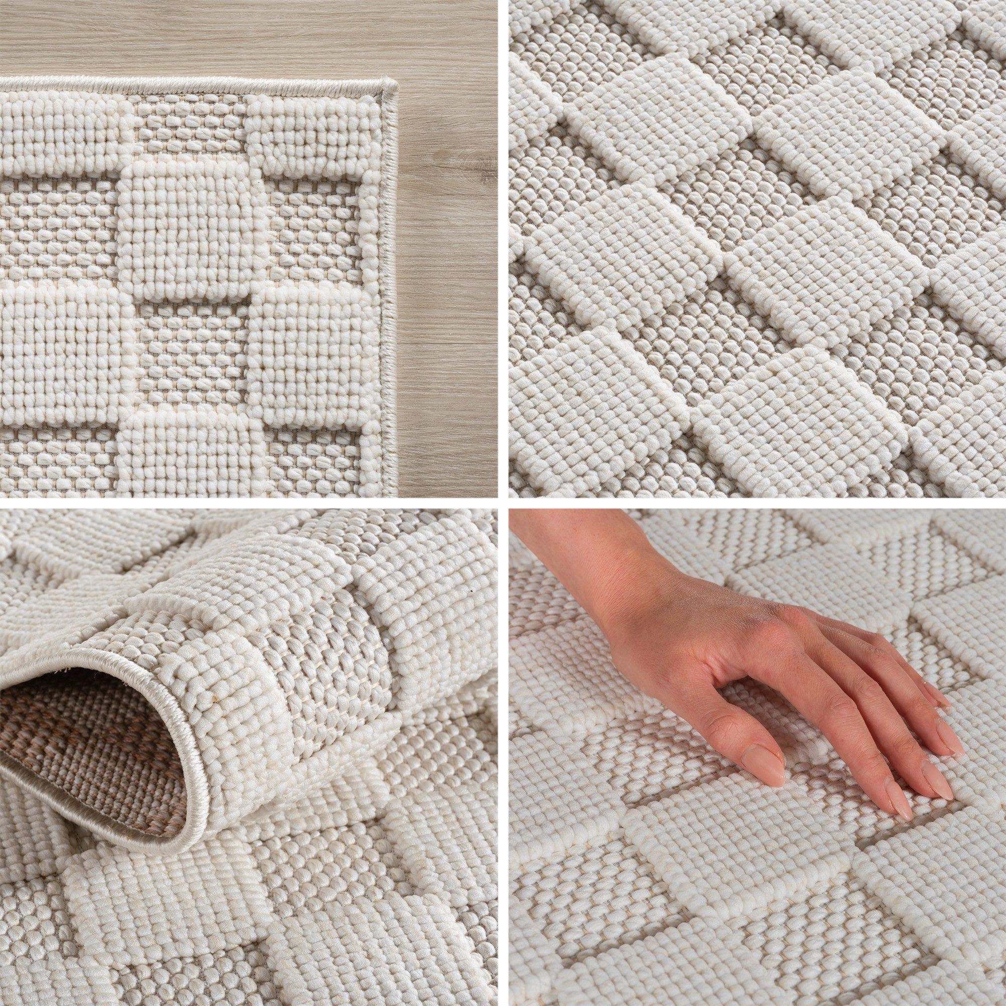 Teppium Teppich Bouclé-Teppich im skandinavischen Stil mit Karomuster, Rund, Höhe: 20 mm, Kurzflor Schlingen Teppich Creme Boucle-Loop Wohnzimmer Teppich