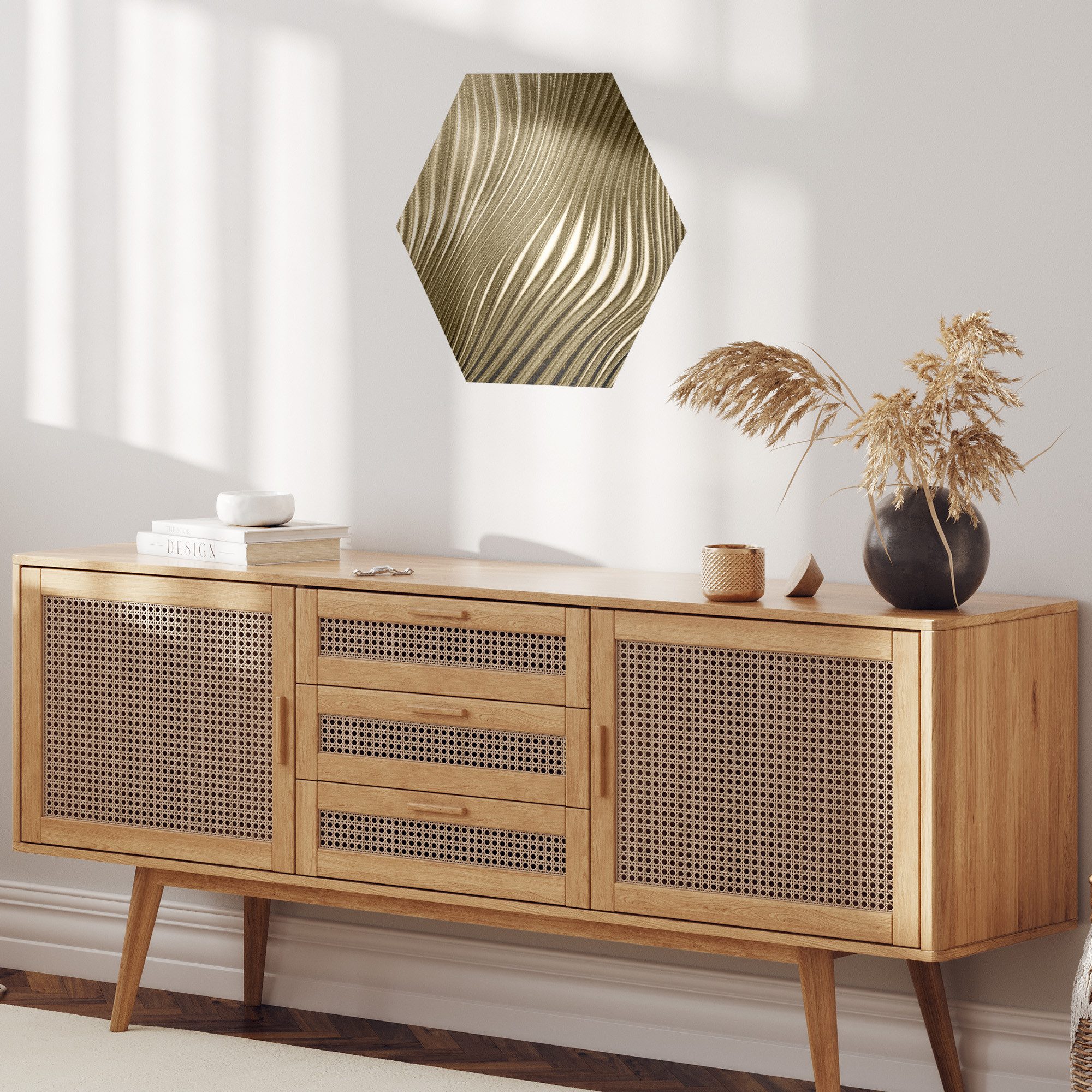 DEQORI Fototapete 'Goldenes Rillendesign', Sechseckig, matte Leinwandstruktur, bedruckt, (1 St), selbstklebend Wandtattoo Motiv Wandtapete Wand Sticker Bild Tapete