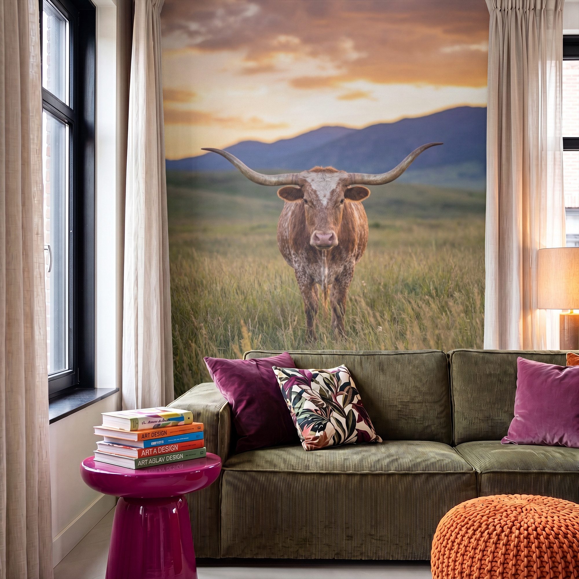 OnlyWow Fototapete Longhorn - Landschaft - Sonnenuntergang, Matt, bedruckt, Küche, Vinyl Tapete, Modern, Wanddekoration 140x220cm