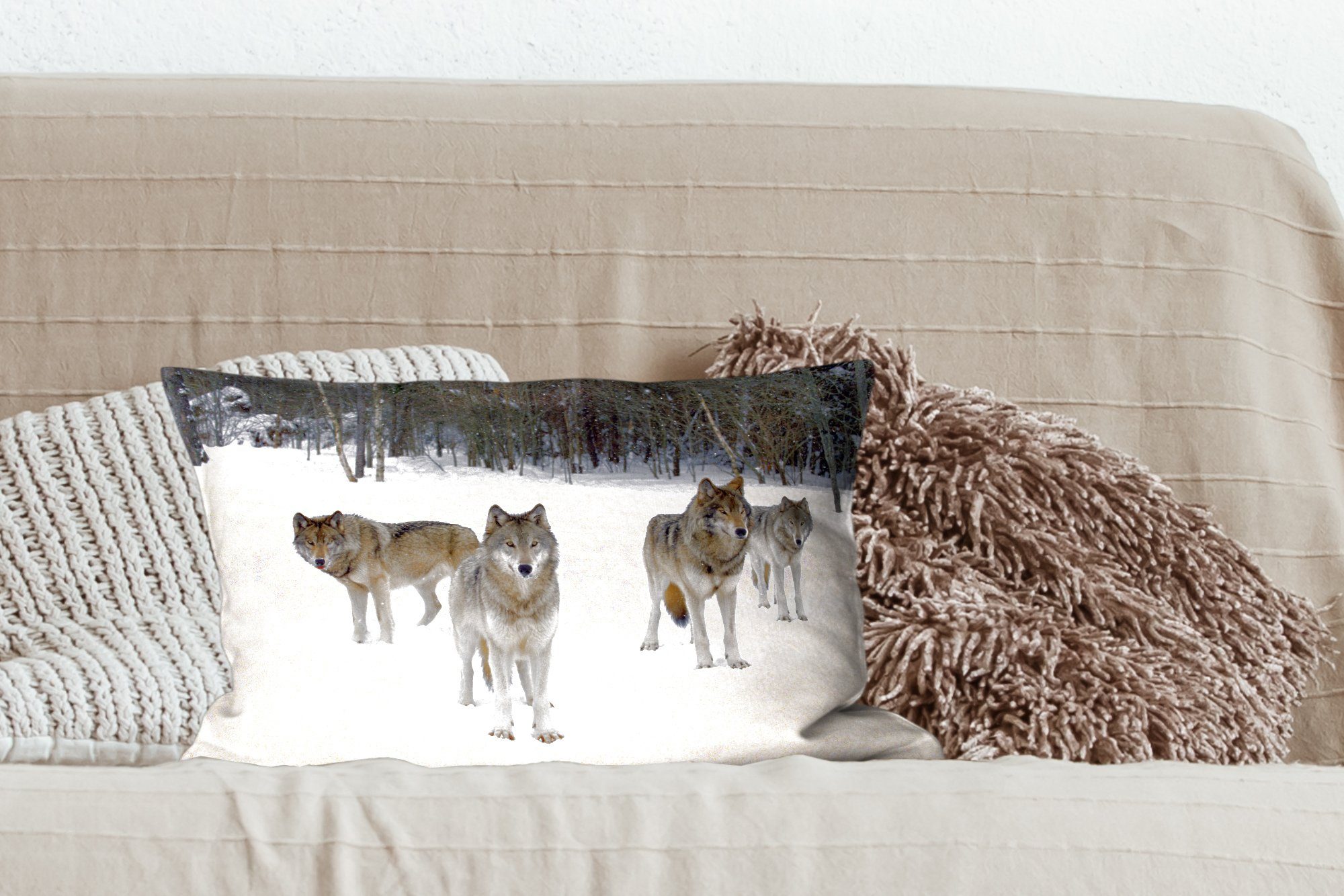 Dekoration, - MuchoWow - Dekokissen Wohzimmer Wolf Zierkissen, Schnee Dekokissen Füllung, Kanada, mit Schlafzimmer
