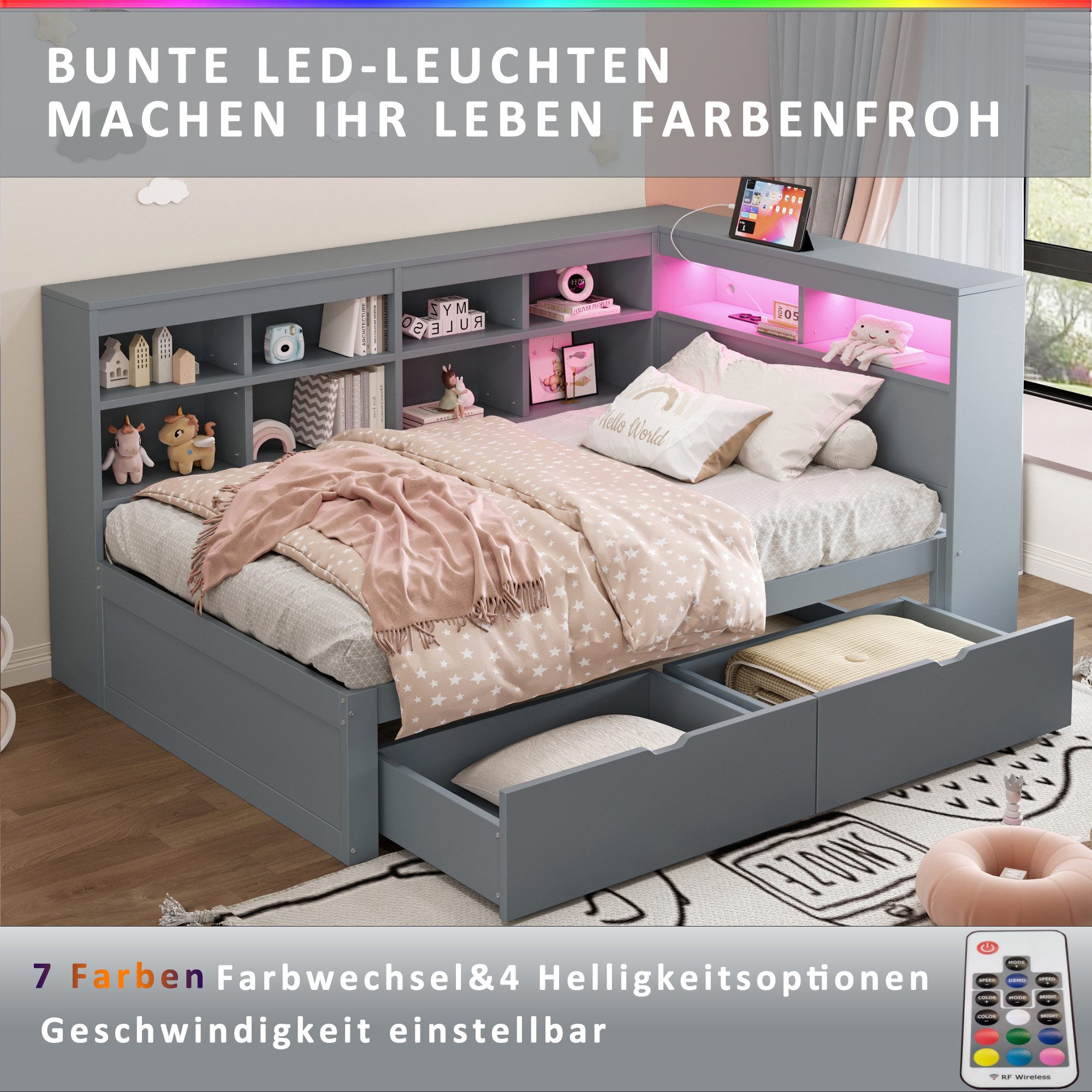 REDOM Stauraumbett mit USB-Steckdose und LED-Beleuchtung, mit Regalen und Ablagefächern (mit Schubladen,Kinderbett Jugendbett, 90x200cm), ohne Matratze