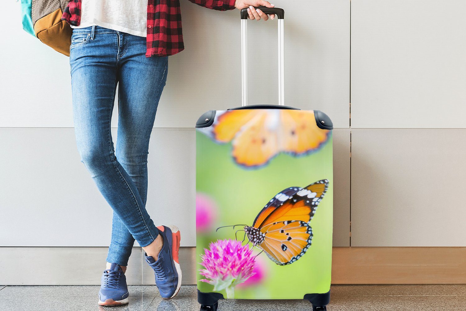 Handgepäckkoffer Ferien, Schmetterlinge Handgepäck MuchoWow rollen, - Reisetasche mit Insekten Rollen, Reisekoffer - Trolley, 4 Blumen, für