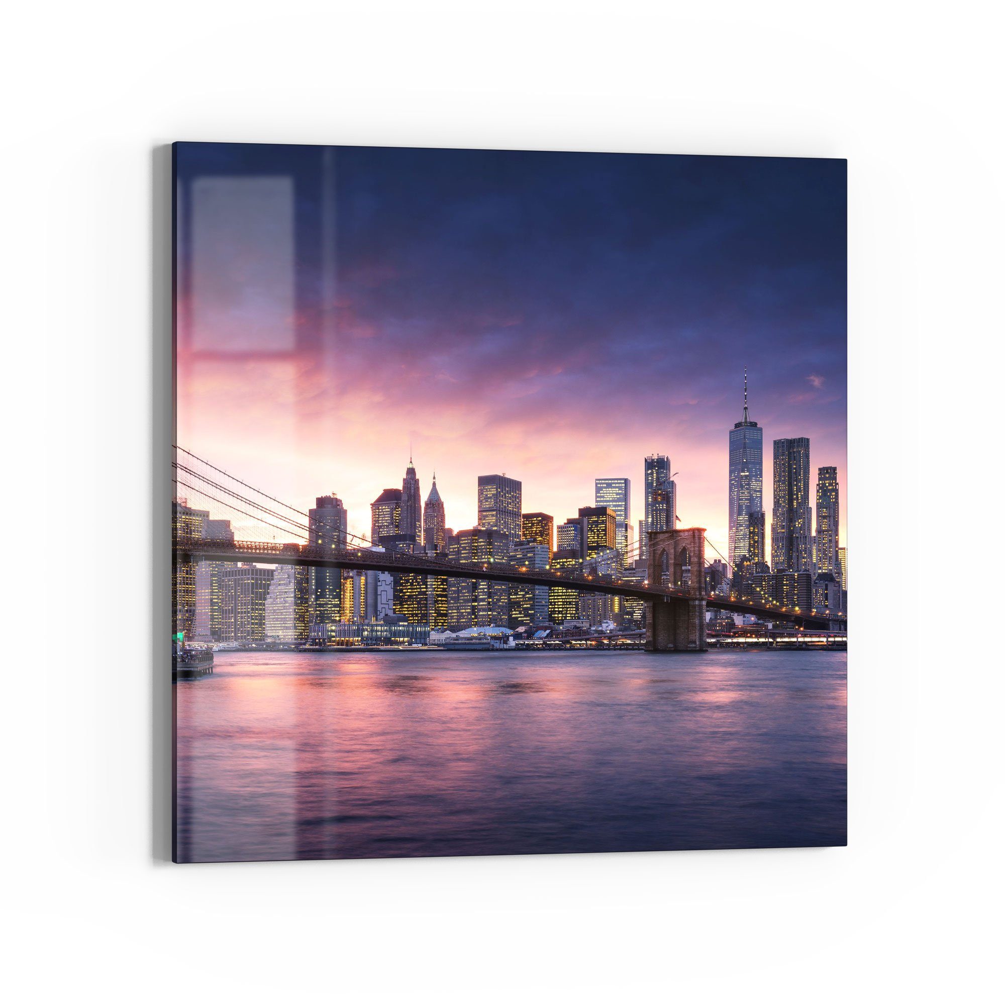 DEQORI Glasbild 'Brooklyn Bridge Abendröte', 'Brooklyn Bridge Abendröte', Glas Wandbild Bild schwebend modern
