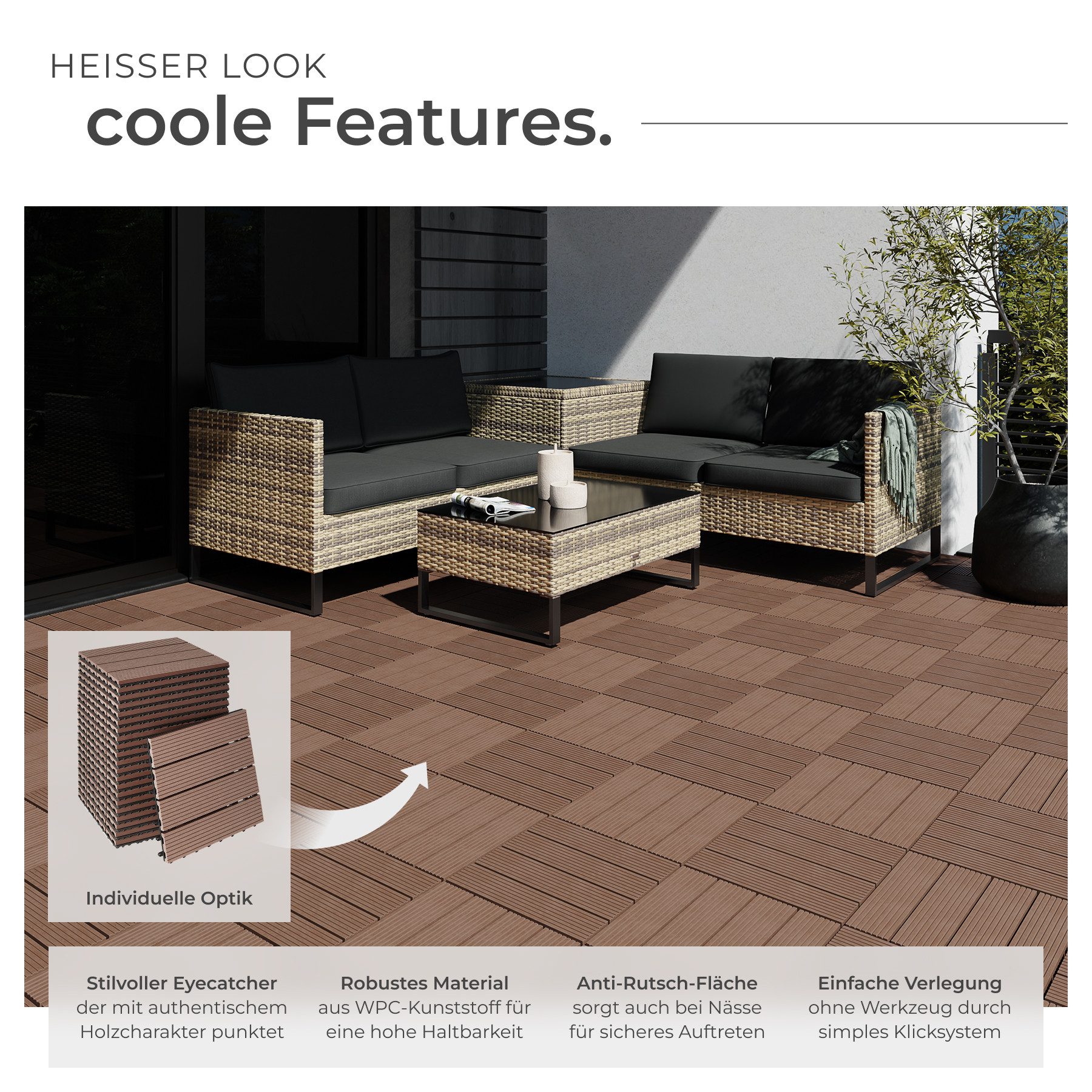 tectake Terrassendielen Terrassenfliesen 22er Set im Klicksystem, 31 x 31 x 2,2 cm, 2,1142 m², BxL: je 31,00x31,00 cm, (Terrassenplatten Außenbereich Tegulas, 22-St., in braun), robustes WPC in Holzoptik, mit Drainage, wetterfest