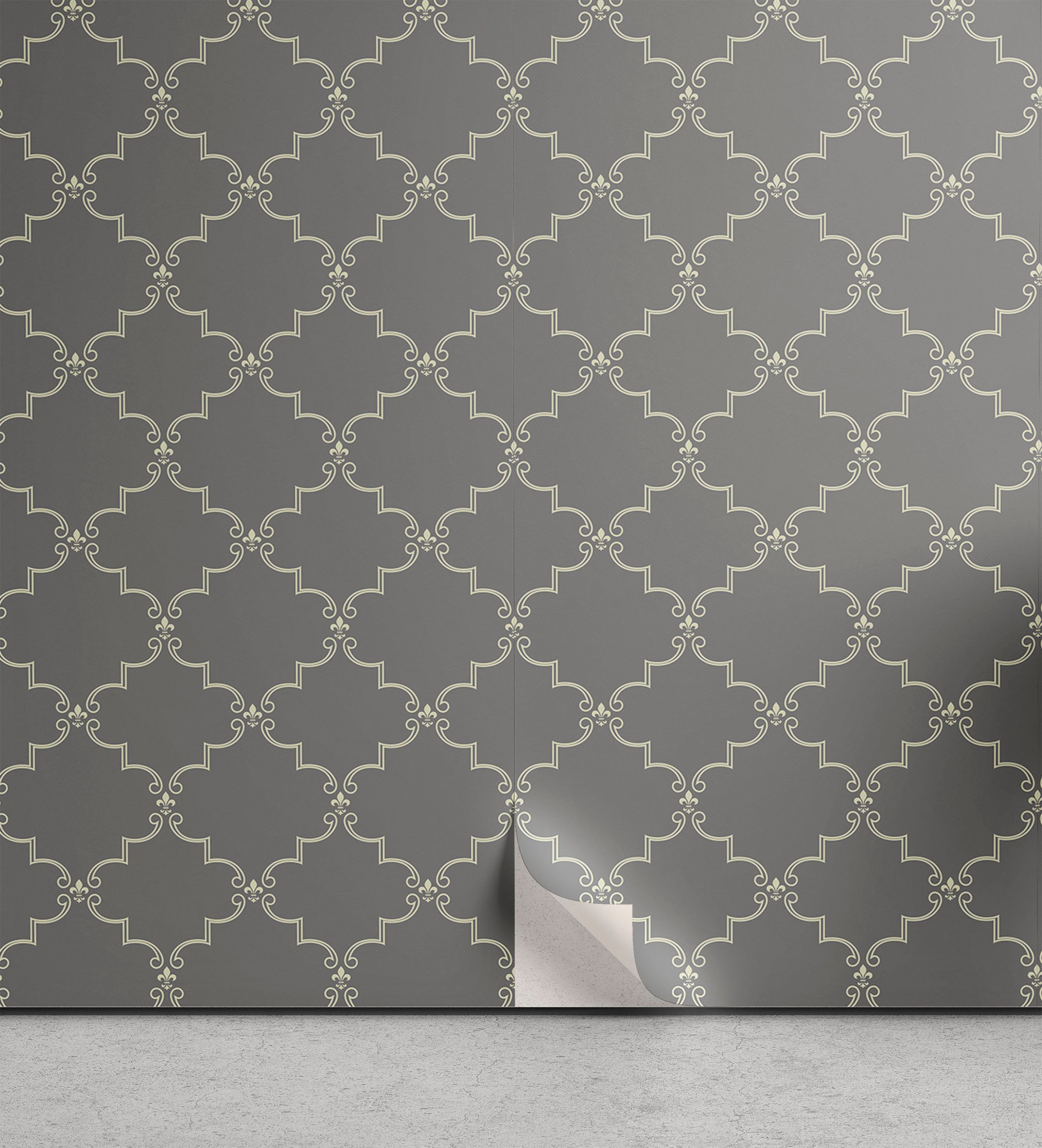Abakuhaus Vinyltapete selbstklebendes Wohnzimmer Küchenakzent, Damast-Grau Abstrakt Oriental Grid