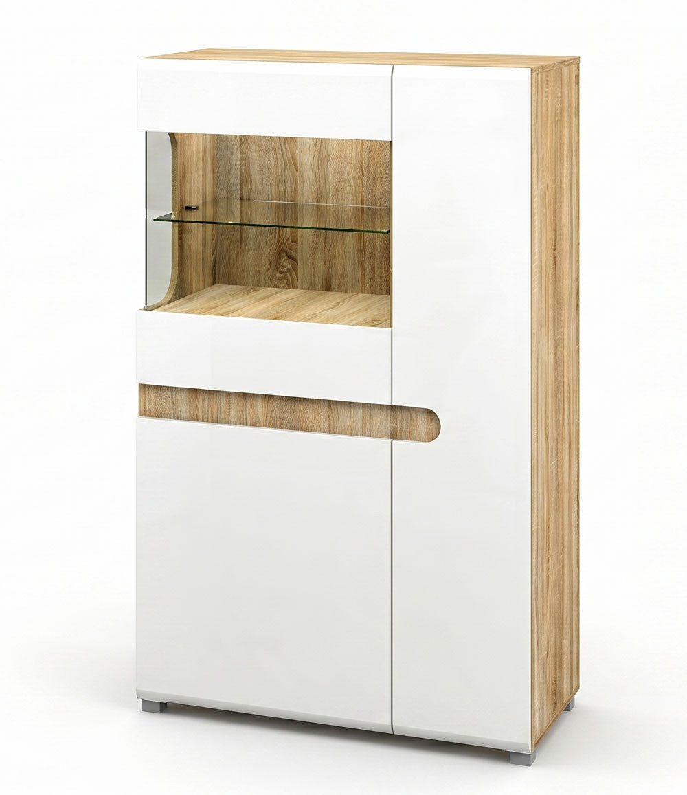 Feldmann-Wohnen Highboard Leonardo (mit Türen, mit Einlegeböden, mit Glaseinsatz, 1 St., moderne Optik, mit Türen, mit Einlegeböden, mit Glaseinsatz), 90x42x144cm 2-türig Eiche Sonoma / weiß Hochglanz