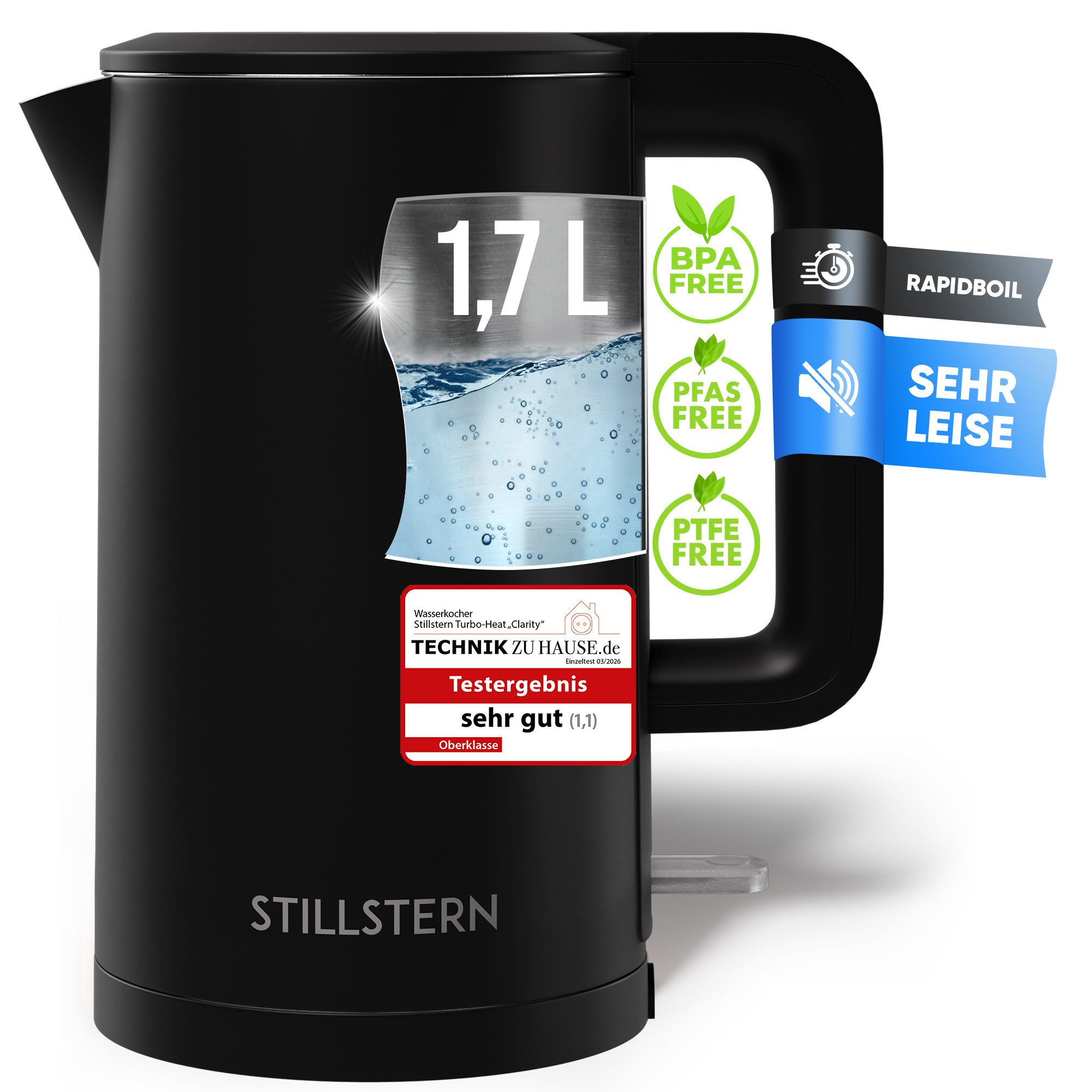 Stillstern Wasserkocher Wasserkocher 1,7L, schnelles Aufkochen, doppelwandig, 1.7 l, 2200 W, Anti Fingerprint, 2200W, Leise