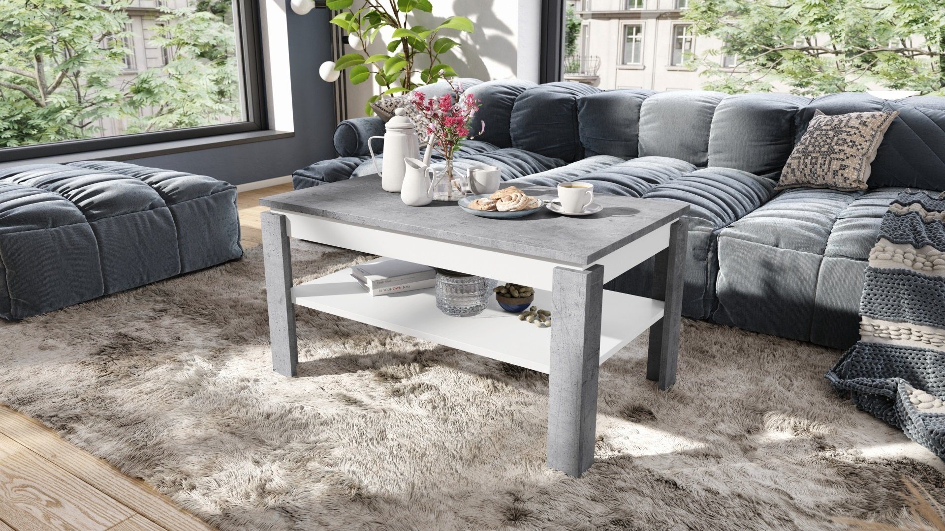 designimpex Couchtisch Design Couchtisch Tisch Asti-P höhenverstellbar 55 - 67cm Esstisch Beton / Weiß matt