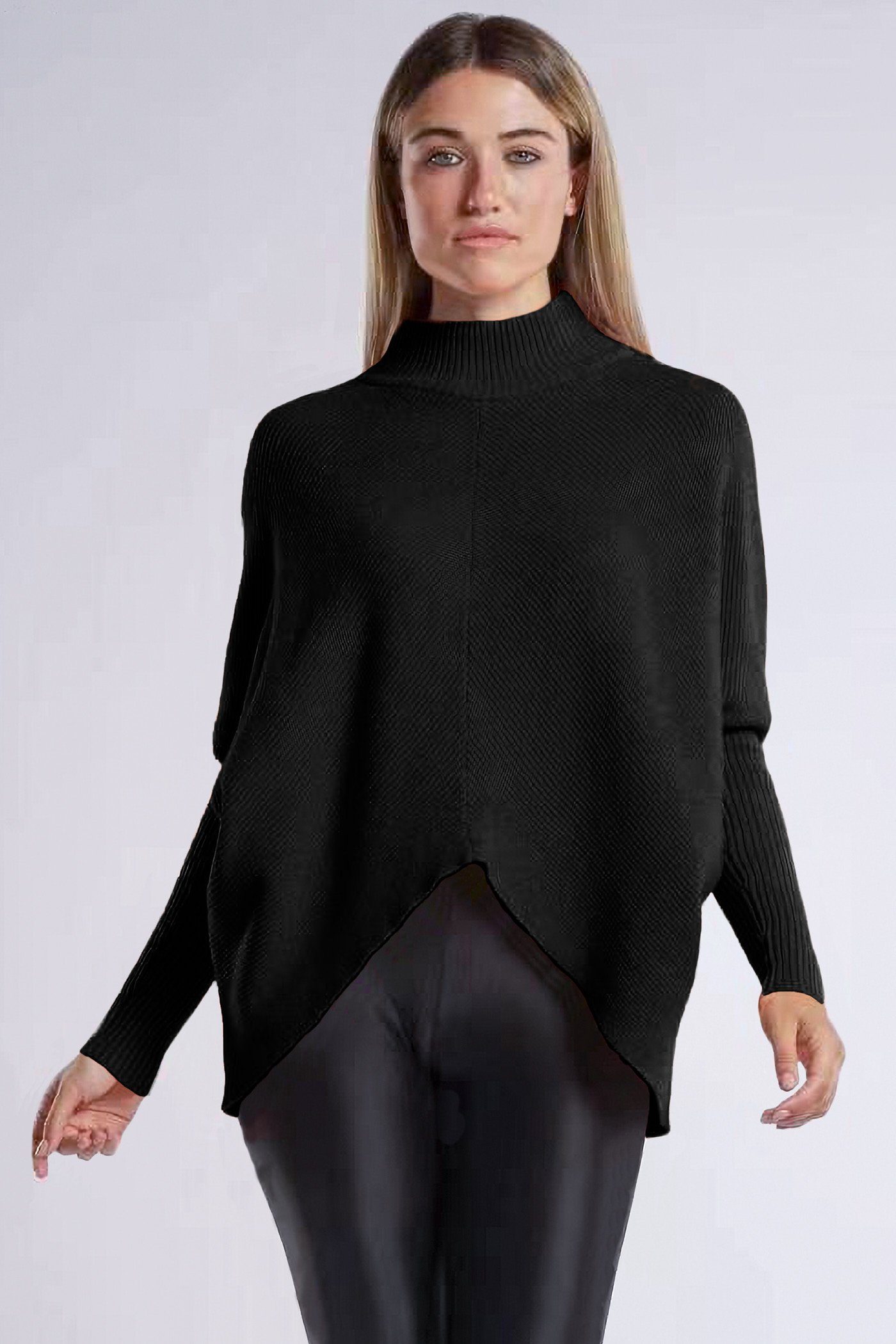 (1-tlg) schwarz länger hinten Rippstrick Fledermausärmel Pullover PEKIVESSA Oversized Strickpullover Damen