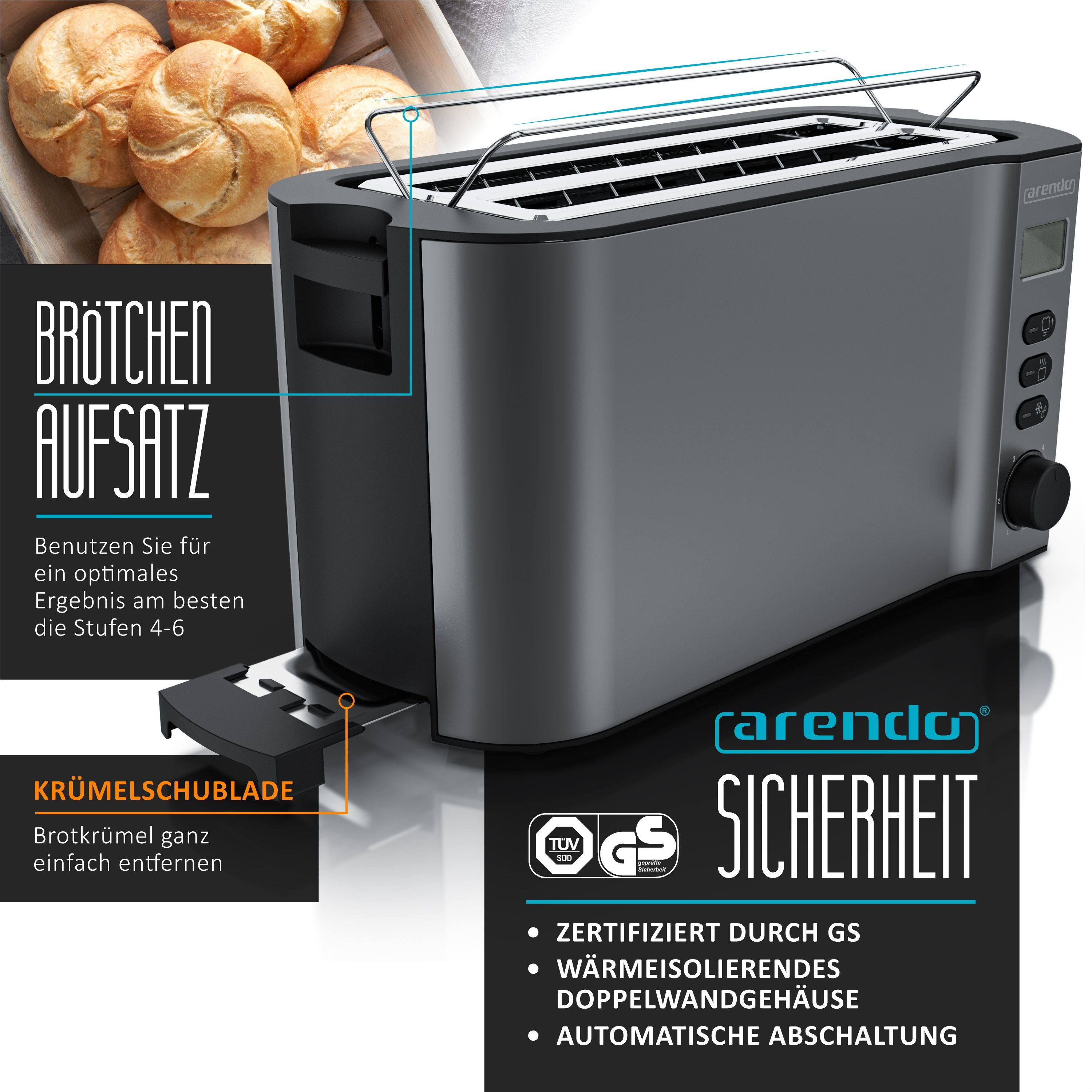 Arendo Toaster Display mit Restzeitanzeige, Edelstahl, Langschlitz, Krümelschublade, 2 lange Schlitze, für 4 Scheiben, 1500 W, Defrost Funktion, Wärmeisolierendes Gehäuse, mit Brötchenaufsatz