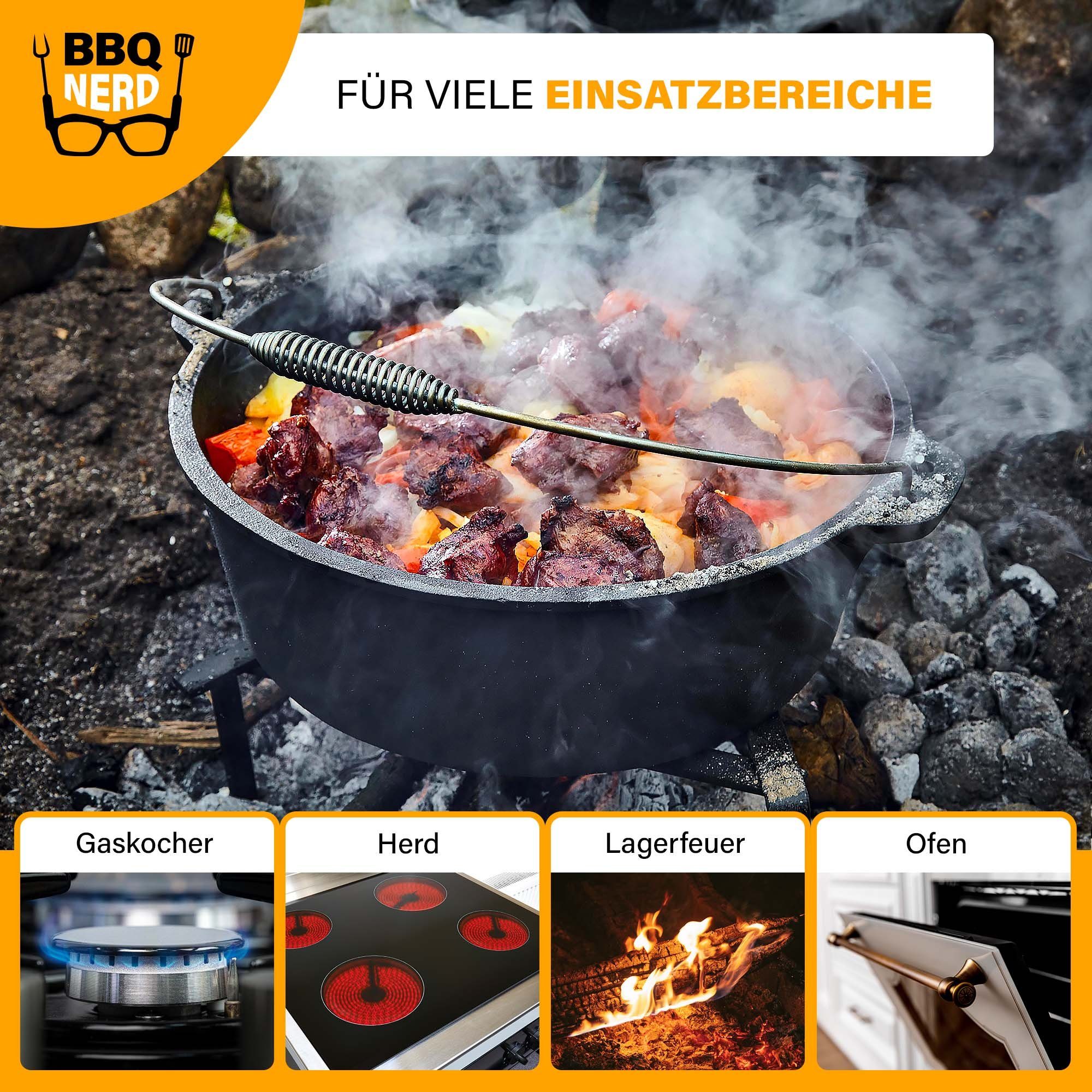 bereits Bräter Feuertopf Gusseisen Deckel Camping 7,2L 10,7L), preseasoned, / mit 3,1L Oven Kochtopf, & Grilltopf Starter Feuerfester (Dutch Deckelheber , Grill - / 5,5L mit inkl. BBQ Nerd Ständer, eingebrannt