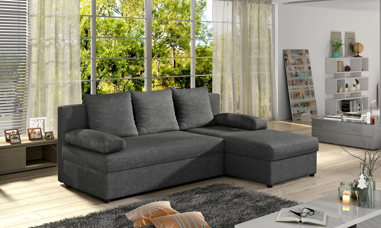 JVmoebel Ecksofa Moderne Schlafsofa Couch Polster Ecksofa Garnitur Bettfunktion Textil, Mit Bettfunktion Dunkelgrau