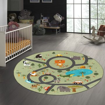 Kinderteppich Rutschfester Kinder-Straßenteppich mit Tieren grün, TeppichHome24, rechteckig