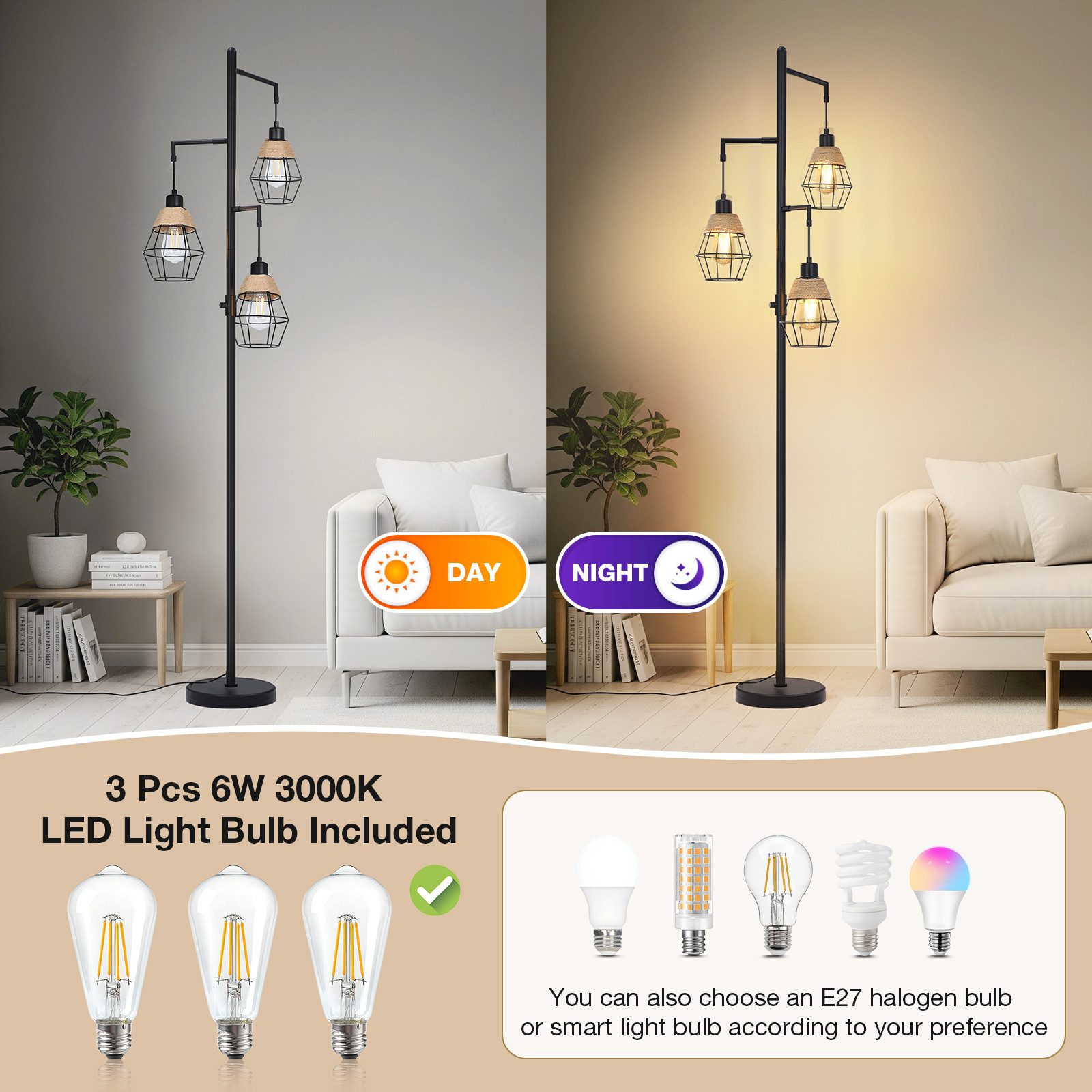 MUPOO Stehlampe Boho-Stehlampe mit 3 Glühbirnen,Industrielle Stehleuchte Wohnzimmer, LED wechselbar, Stufenlos Dimmbare,Industrial Design,für Schlafzimmer Büro Sofa Hotel