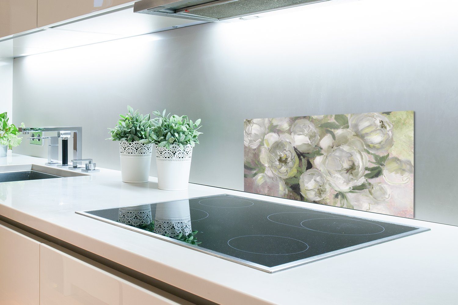 Küchenrückwand - für 60x30 Schmutzflecken Blätter MuchoWow Fett cm, Pflanzen Wandschutz, Weiß, und Blumen Küchen - gegen (1-tlg), -