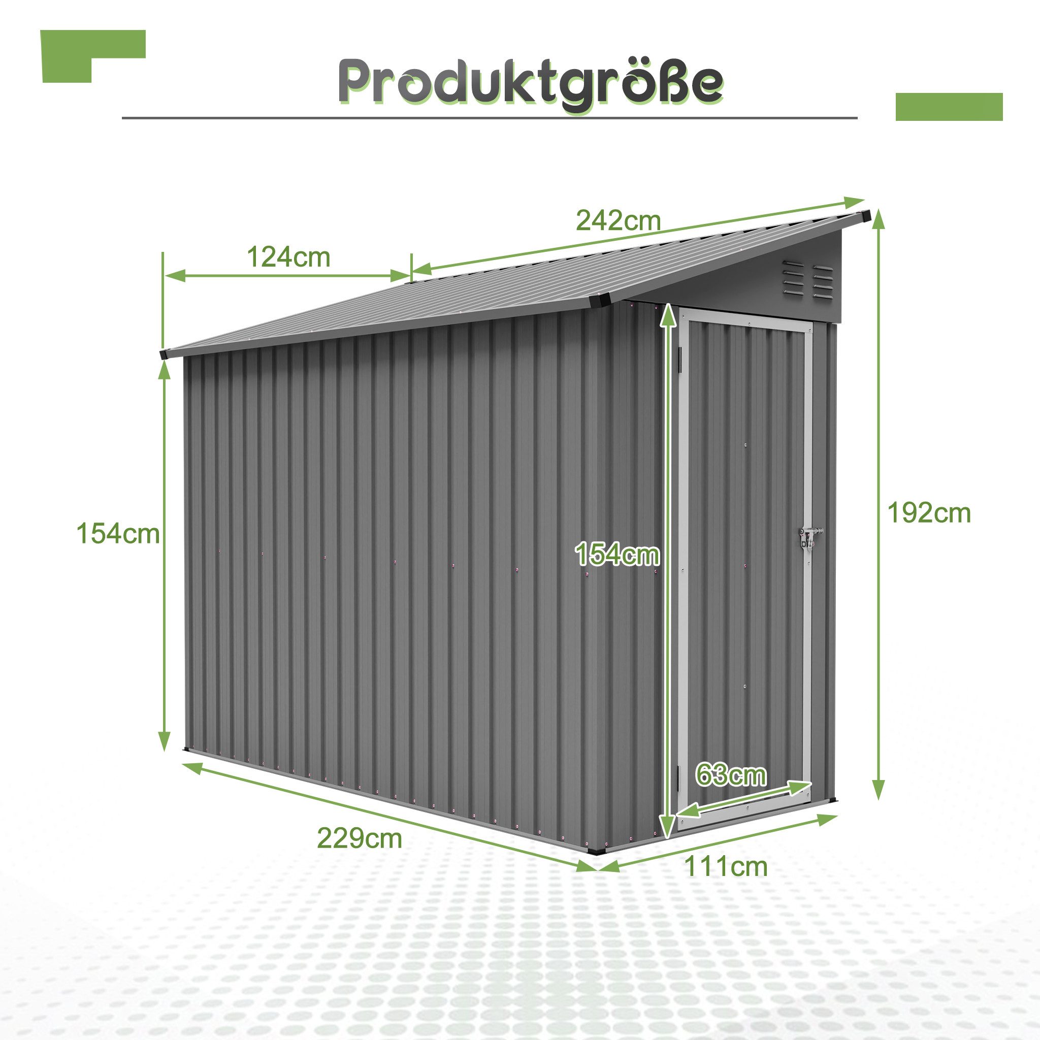 Rolipo Gerätehaus Metall-Anlehn-Geräteschuppen rostbeständig, wetterfest, BxT: 242x111 cm, (Set), Witterungsbeständiges Gartenhaus für Rasenmäher,Fahrräder & Mülltonnen