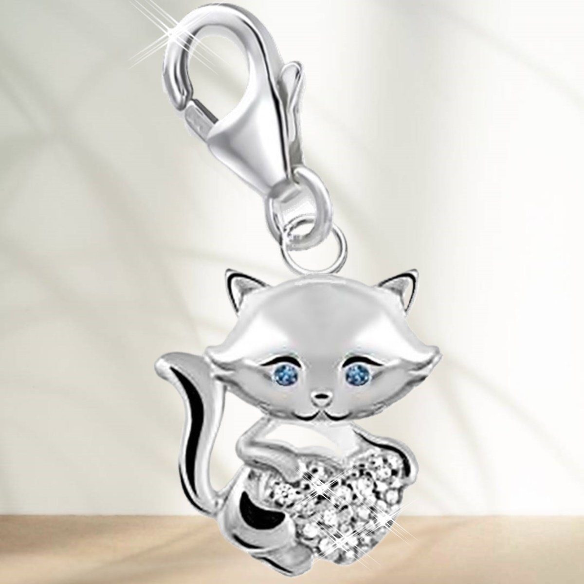 Goldene Hufeisen Charm Herz Katze Charm Einhänger 925 Silber Kätzchen mit Zirkonia Herz Kater, Rhodiniert – Bild 4 von 4