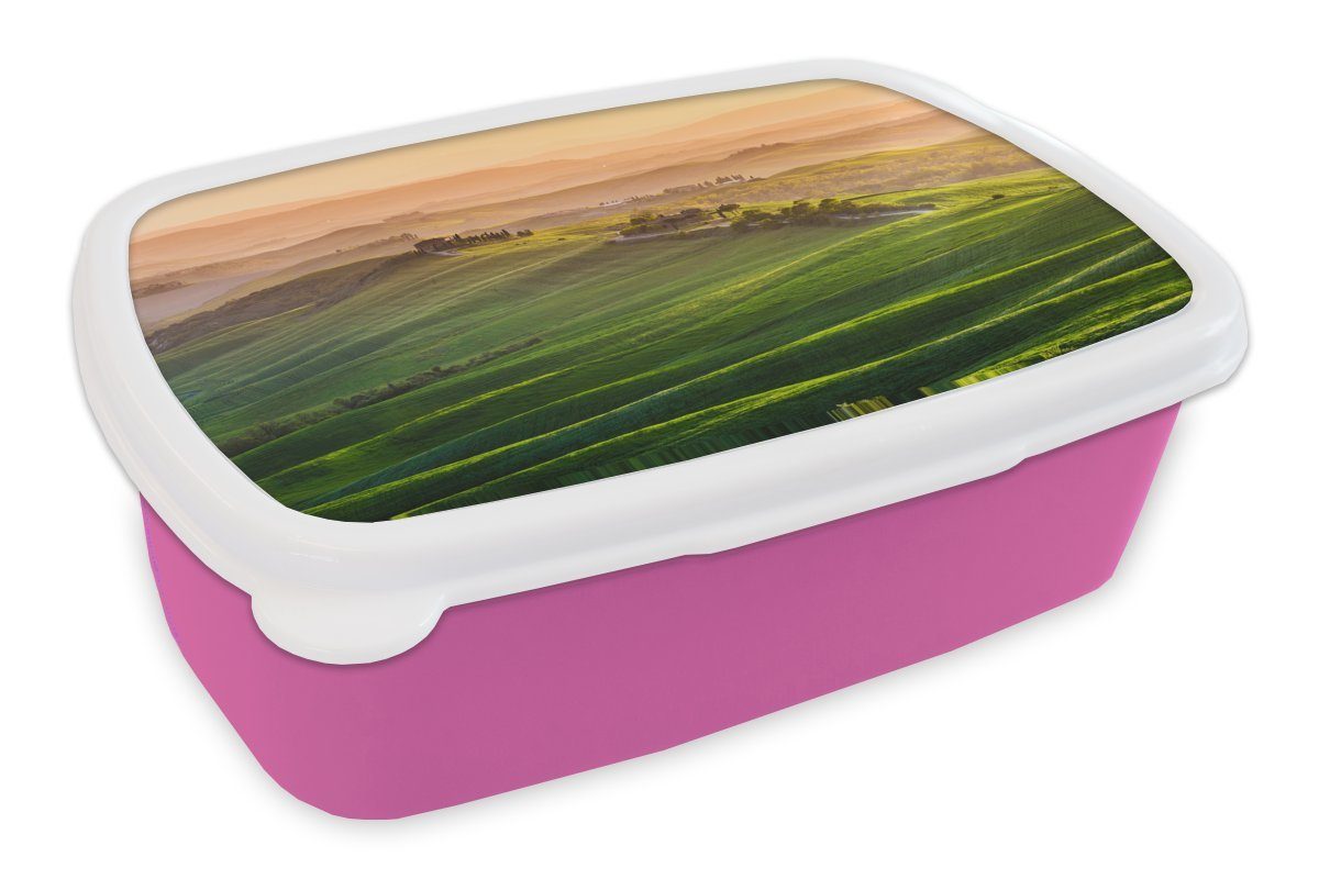 (2-tlg), Toskana Brotdose Lunchbox Kinder, für Kunststoff, Kunststoff MuchoWow Erwachsene, Brotbox Landschaft Snackbox, - Mädchen, - rosa Hügel,