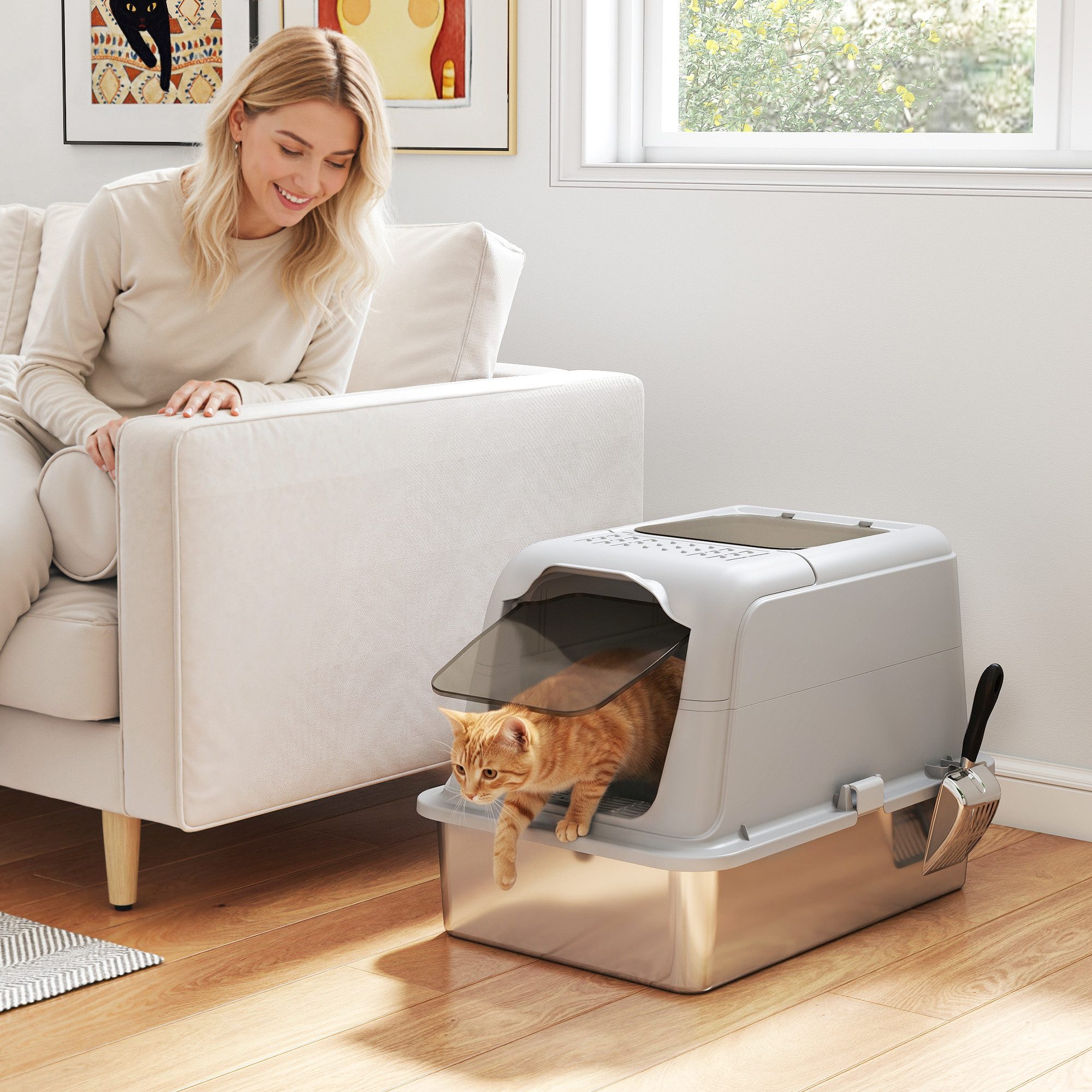 PawHut Katzentoilette, für Katzen bis 8 kg, Hellgrau